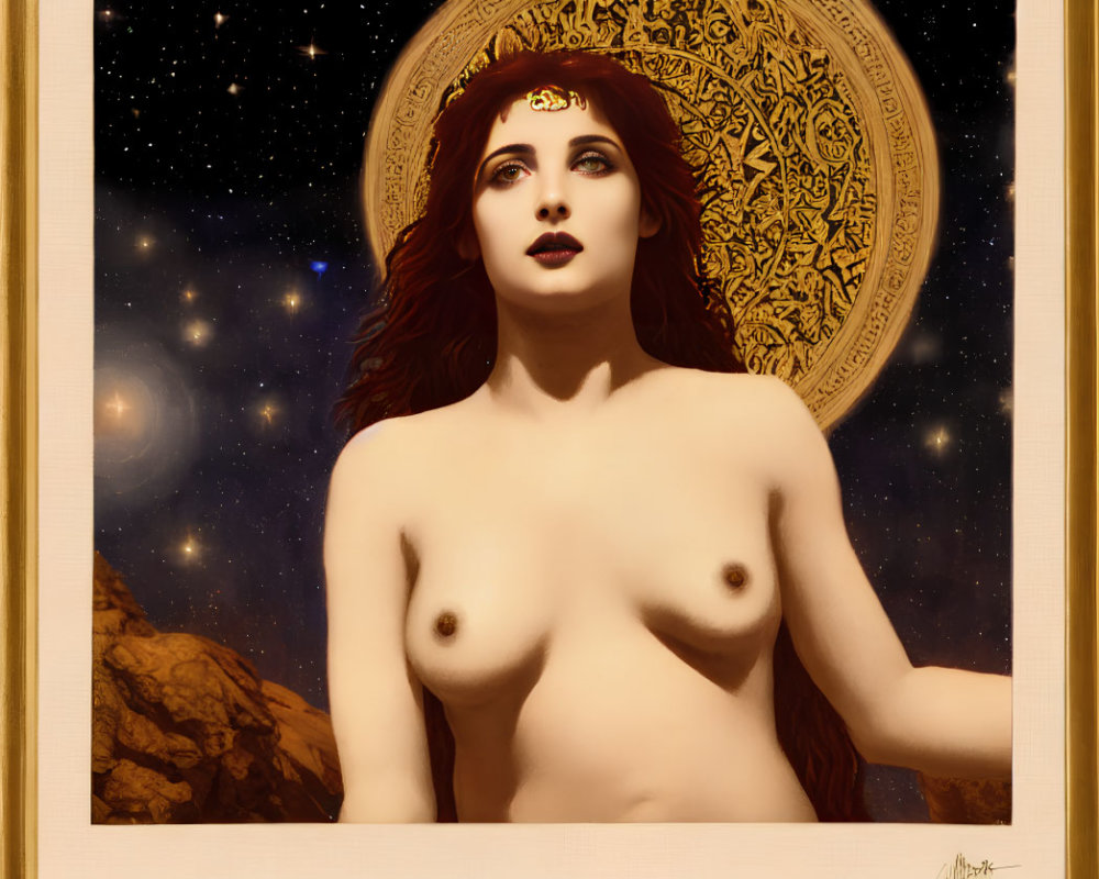 Framed painting of nude female figure with long hair in cosmic setting