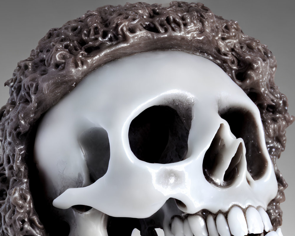 Detailed close-up of glossy white skull with dark textured material resembling hair.