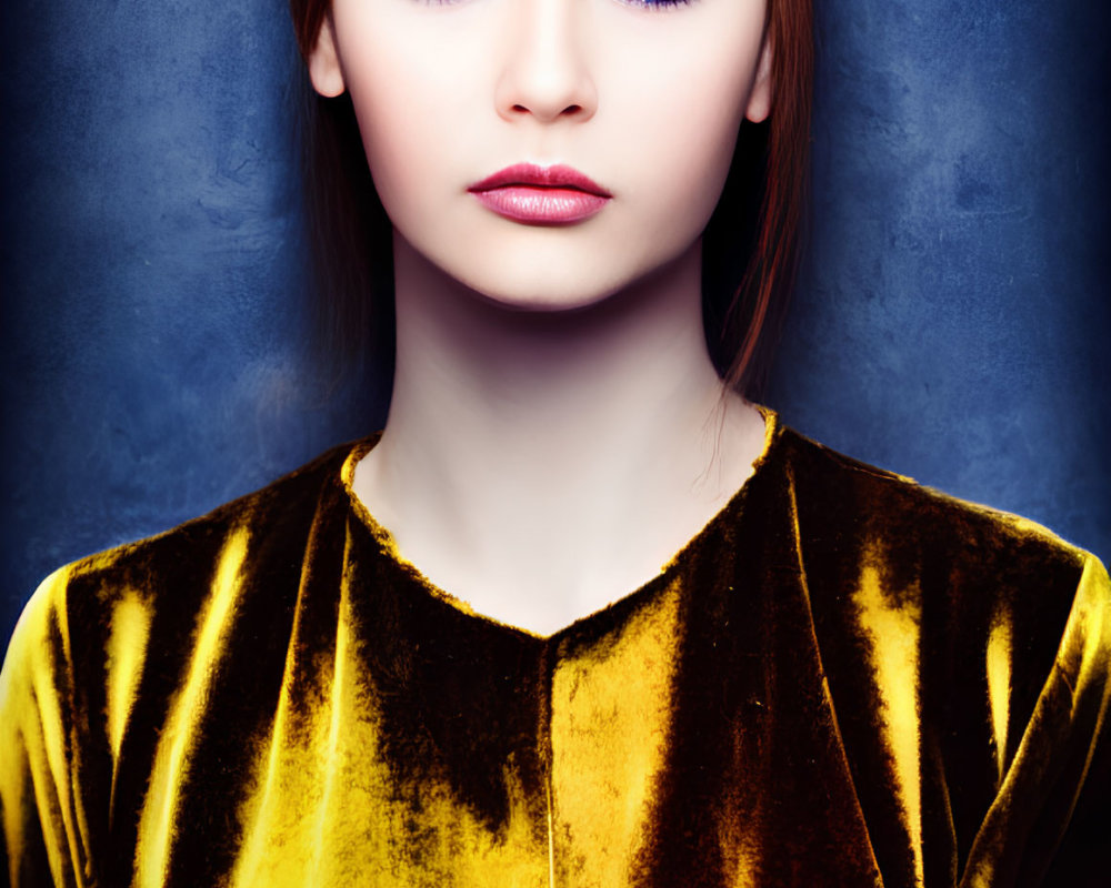 Woman with Blue Eyes in Yellow Velvet Top on Blue Background