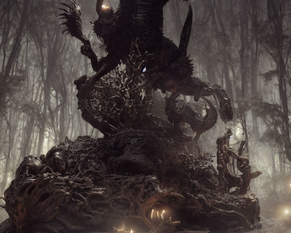 Dark fantasy scene with monstrous figure on twisted throne, eerie trees, and glowing orbs