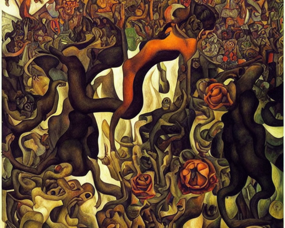 Abstract painting of intertwined human figures in warm tones