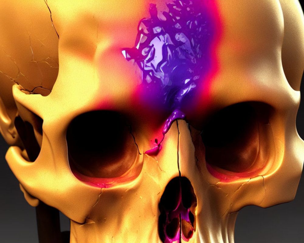 Golden Skull with Neon Light Effect Cracks and Eye Sockets