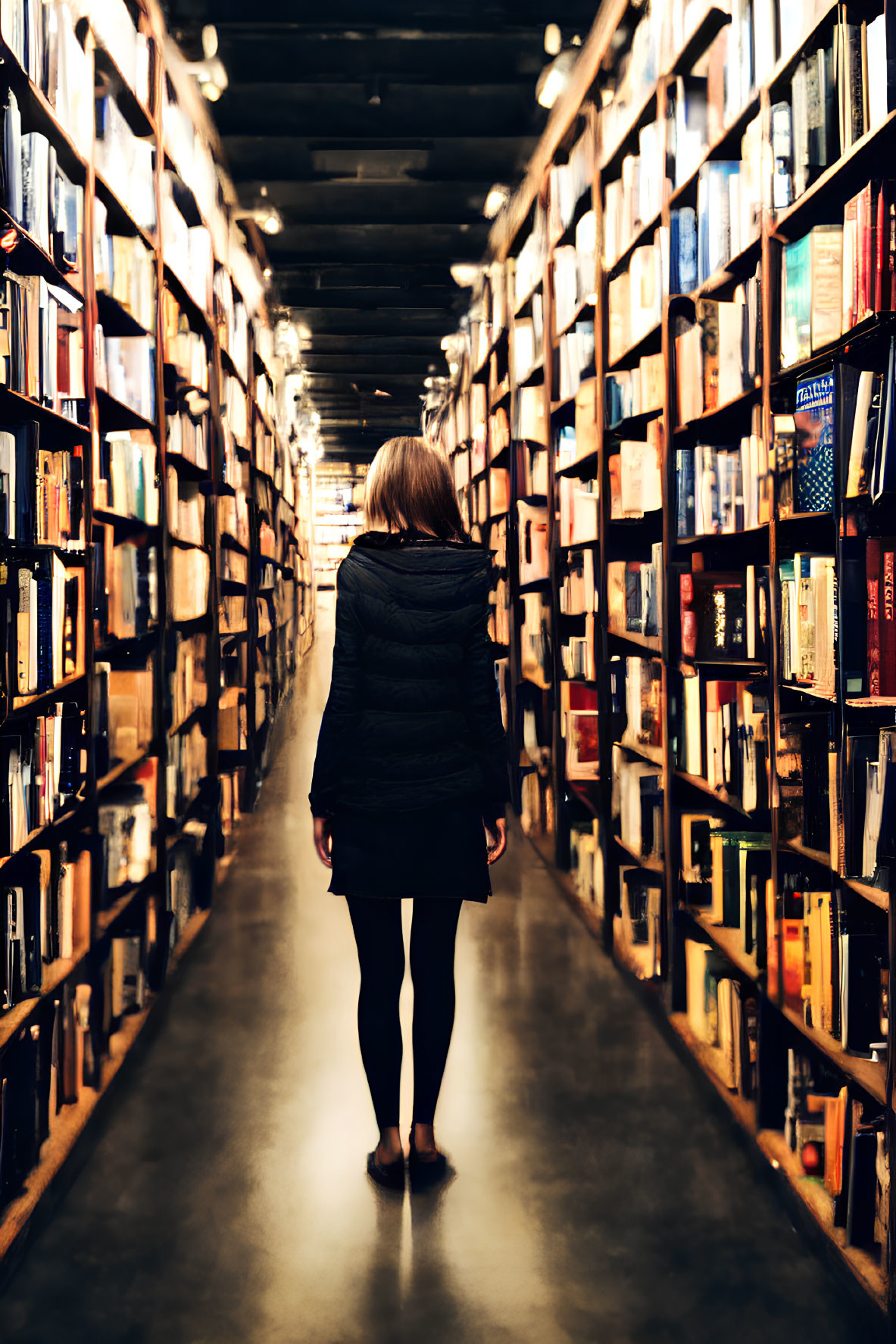 Long, narrow bookstore aisle with towering shelves of colorful books