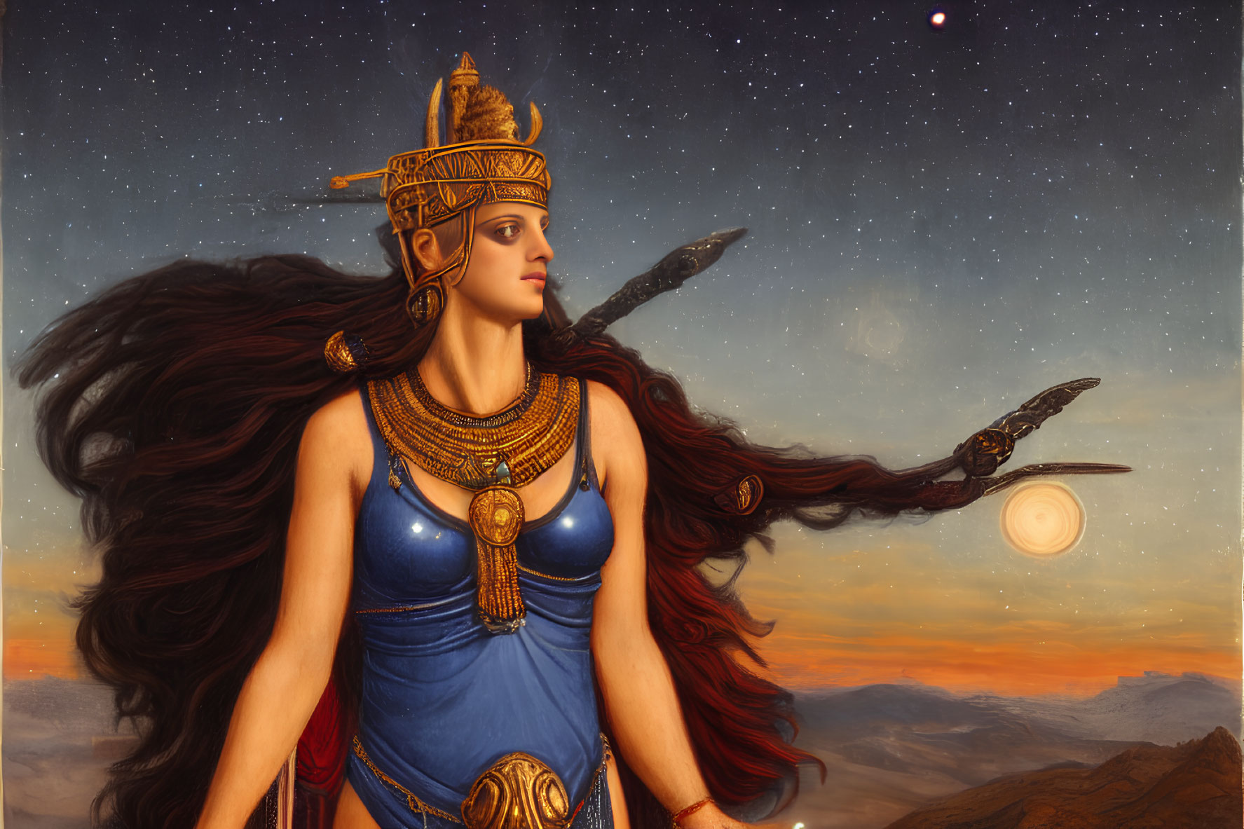 Warrior woman in ancient armor with spear under starry sky