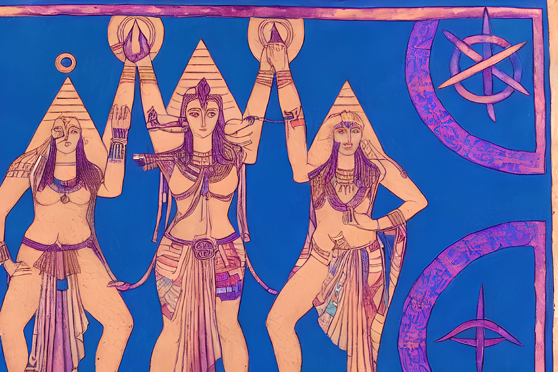 Artwork of Three Figures with Egyptian-Style Headdresses and Sun Disc