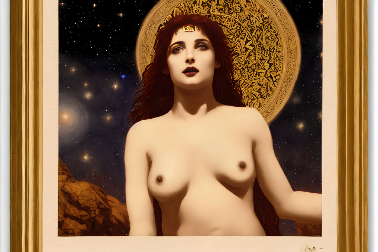 Framed painting of nude female figure with long hair in cosmic setting