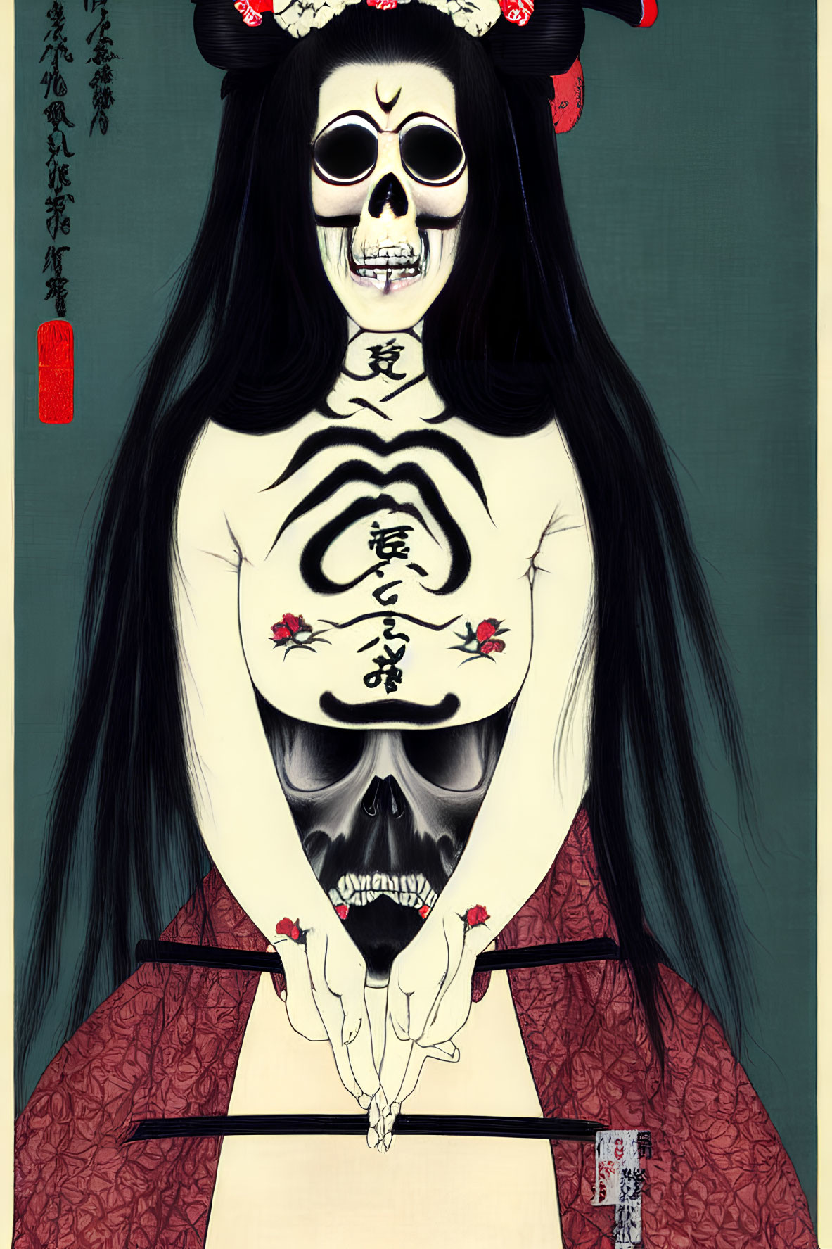 Skeletal figure in Japanese geisha attire with body tattoos and fan on green background.