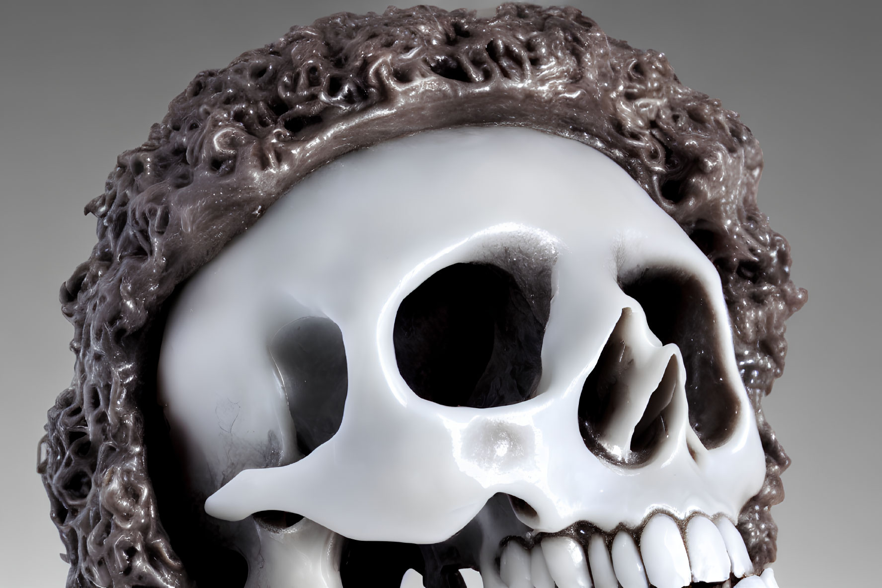 Detailed close-up of glossy white skull with dark textured material resembling hair.