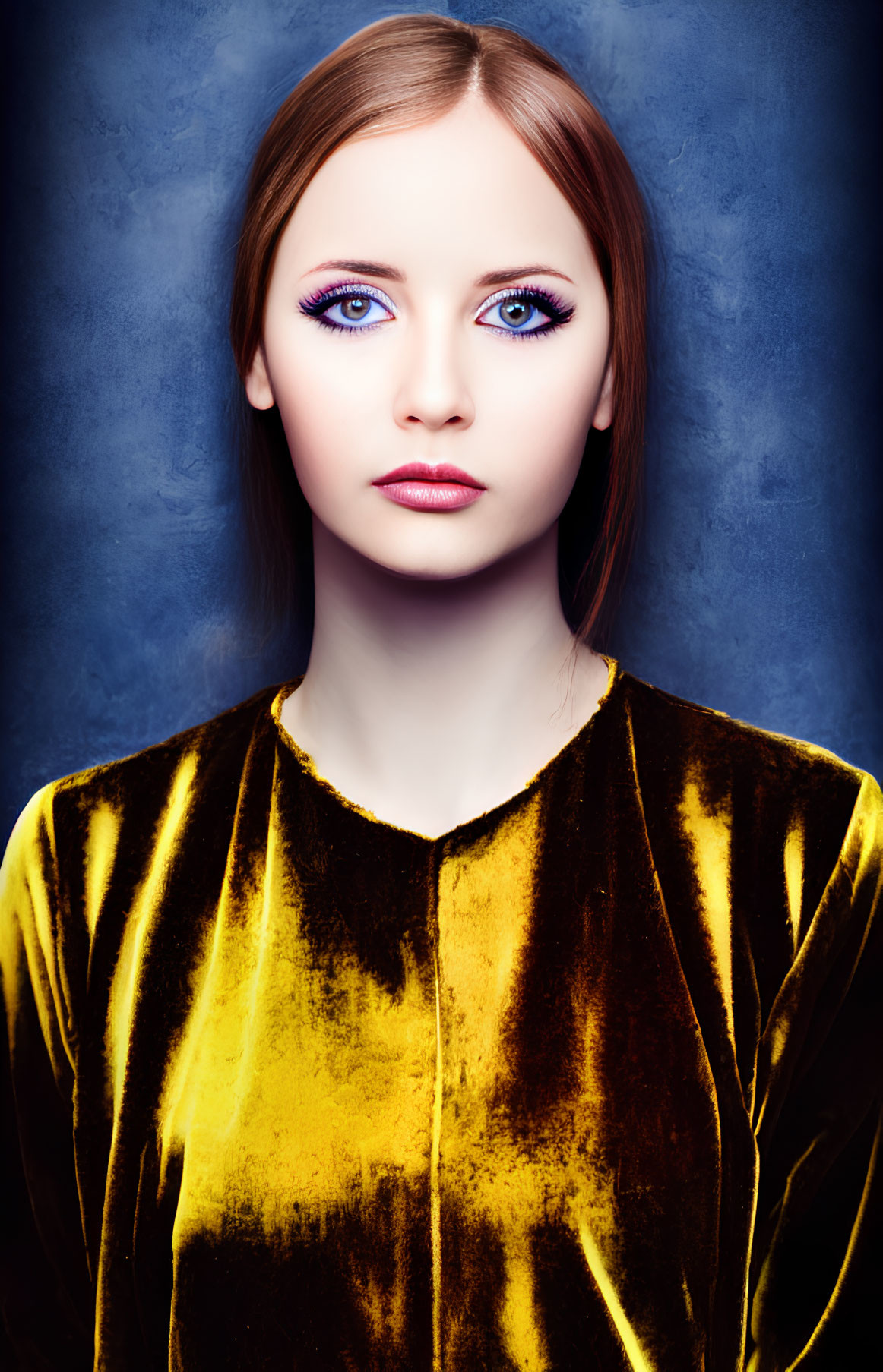 Woman with Blue Eyes in Yellow Velvet Top on Blue Background