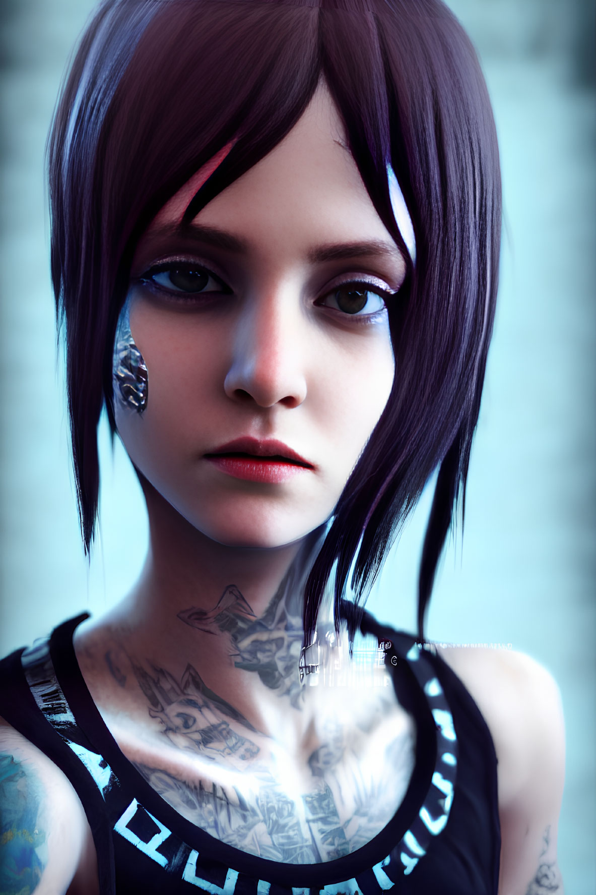 Digital artwork: Female character with short brown hair, blue eyes, and tattoos on neck, set against