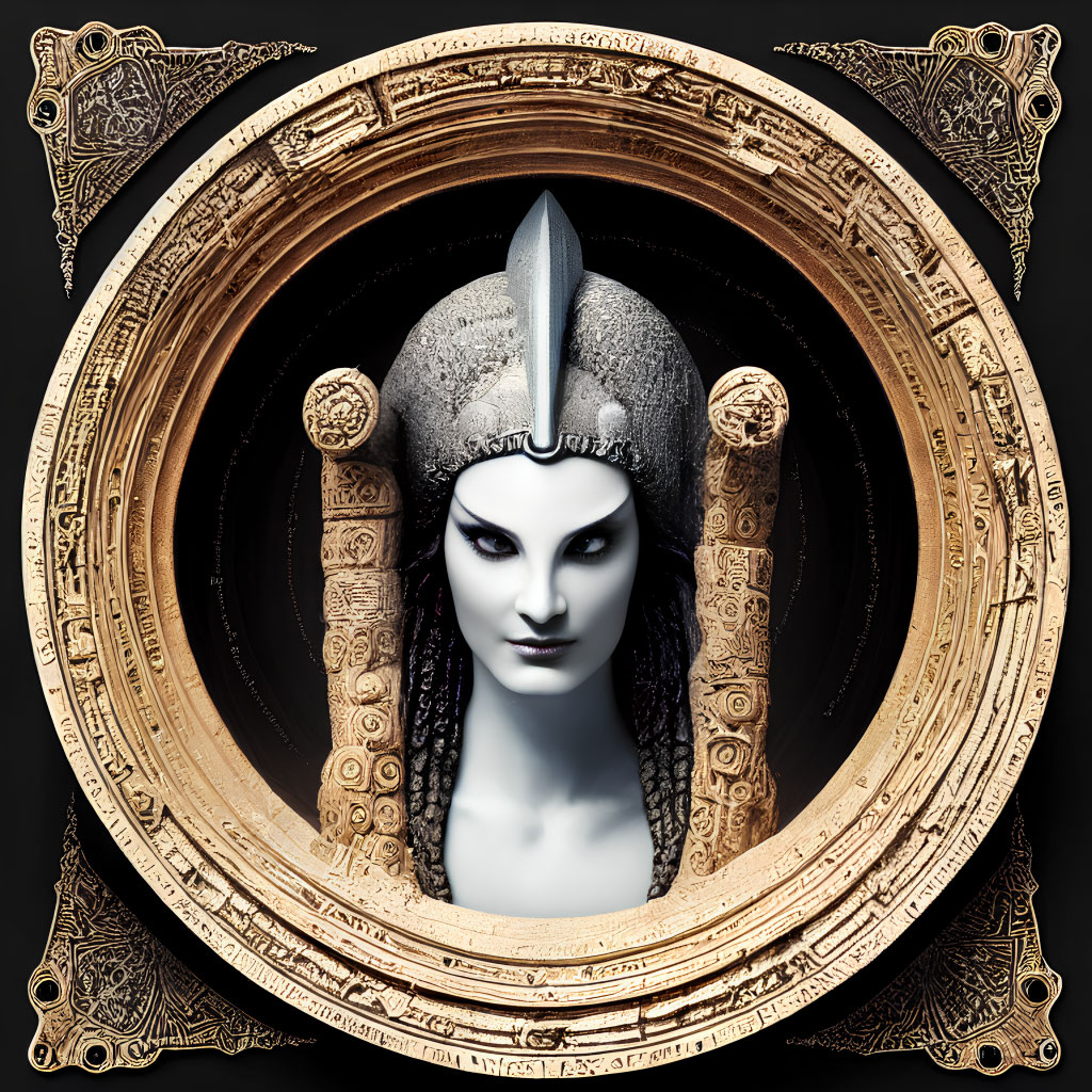 Digital art: Pale-skinned female figure in warrior helmet with dark eyes, framed in ornate gold