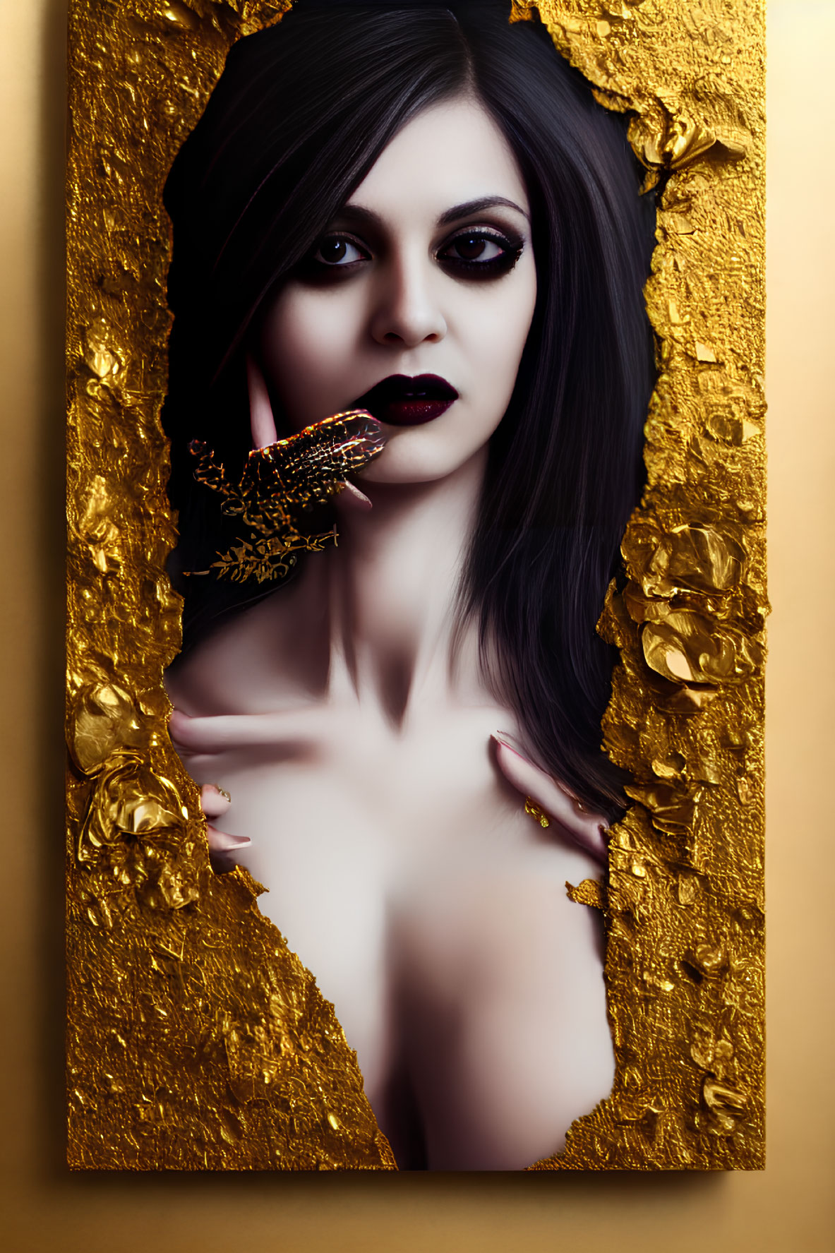 Portrait of a Woman with Dark Makeup and Gold Leaf Accents Emerging from Golden Frame