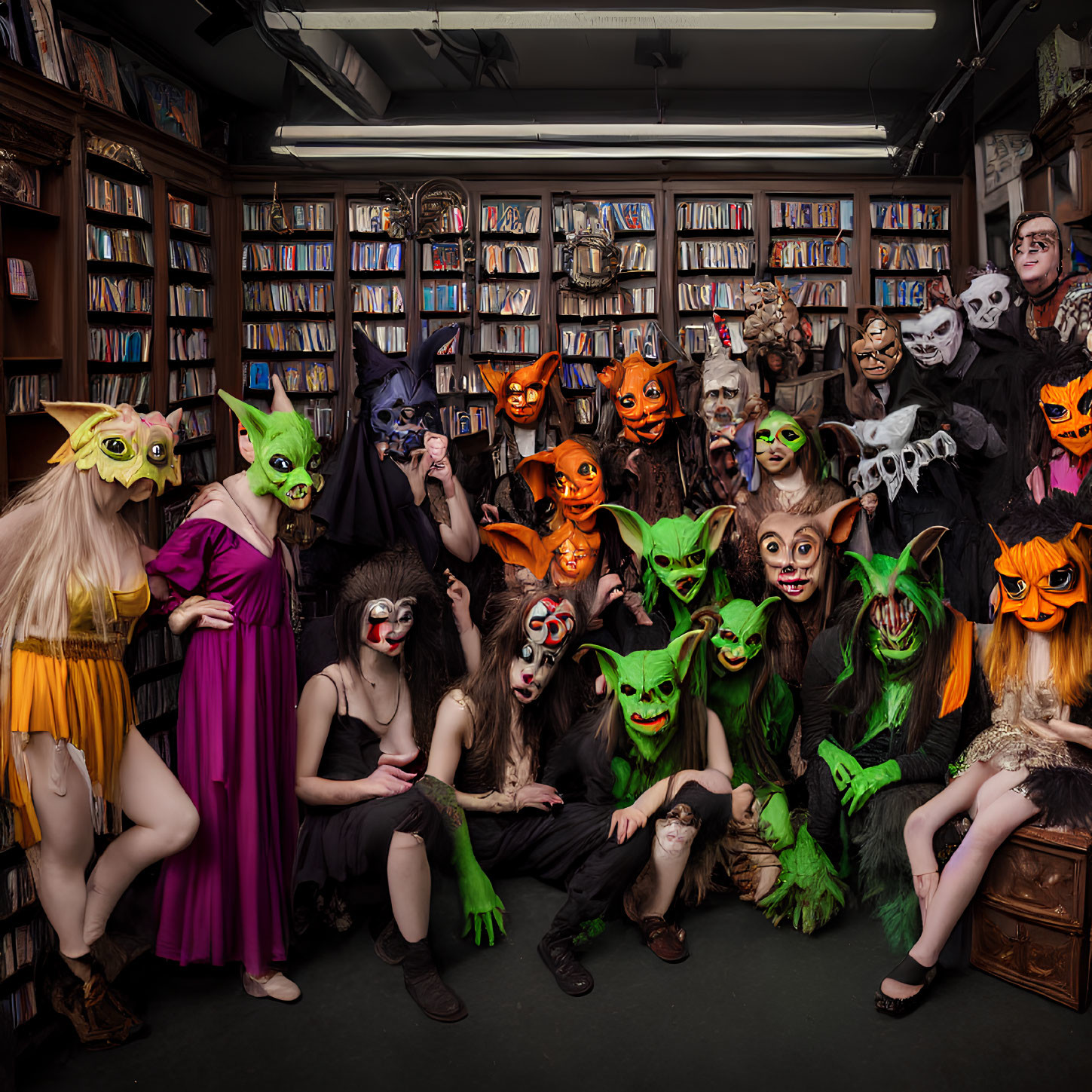 Colorful and Spooky Masked Group Poses in Library