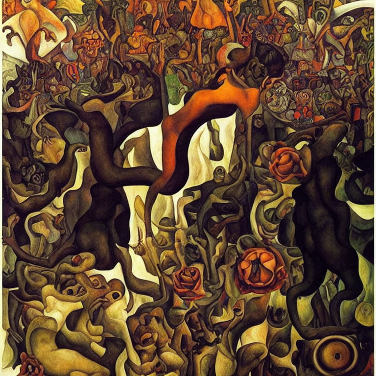 Abstract painting of intertwined human figures in warm tones