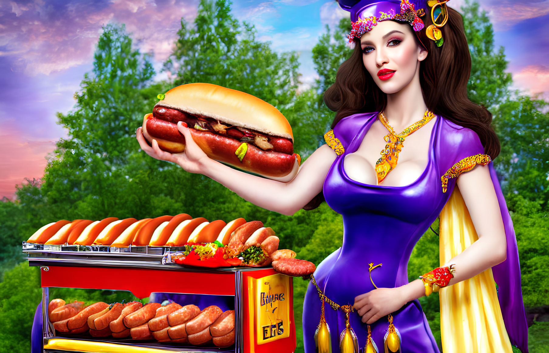 Illustrated woman in purple dress with hot dog and cart in scenic backdrop