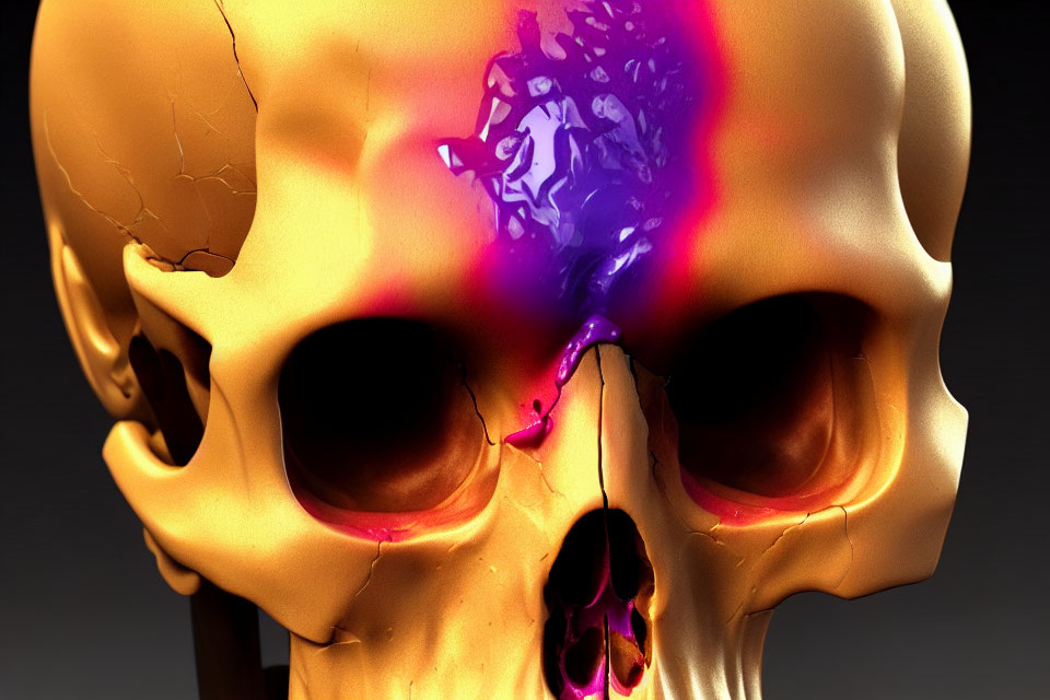 Golden Skull with Neon Light Effect Cracks and Eye Sockets