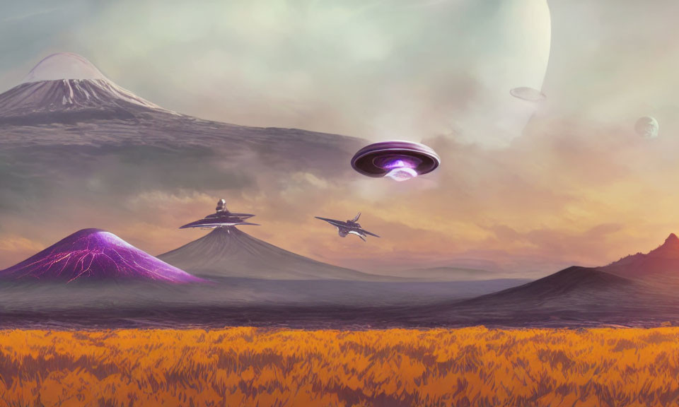 Colorful sci-fi landscape with purple volcanoes, golden fields, and UFOs under a celestial sky