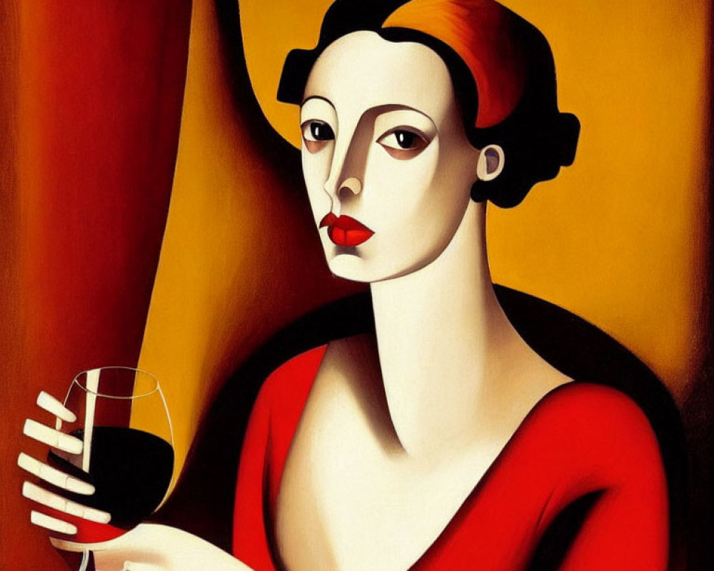 Stylized painting of woman with pale face and red lips holding glass of wine