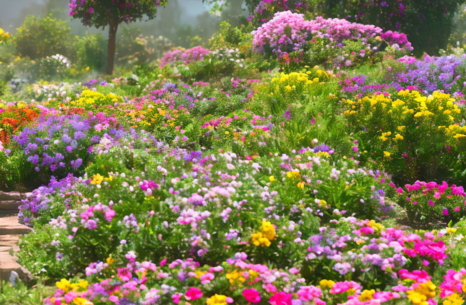 Colorful Blooming Garden with Vibrant Flowers in Pink, Yellow, and Purple