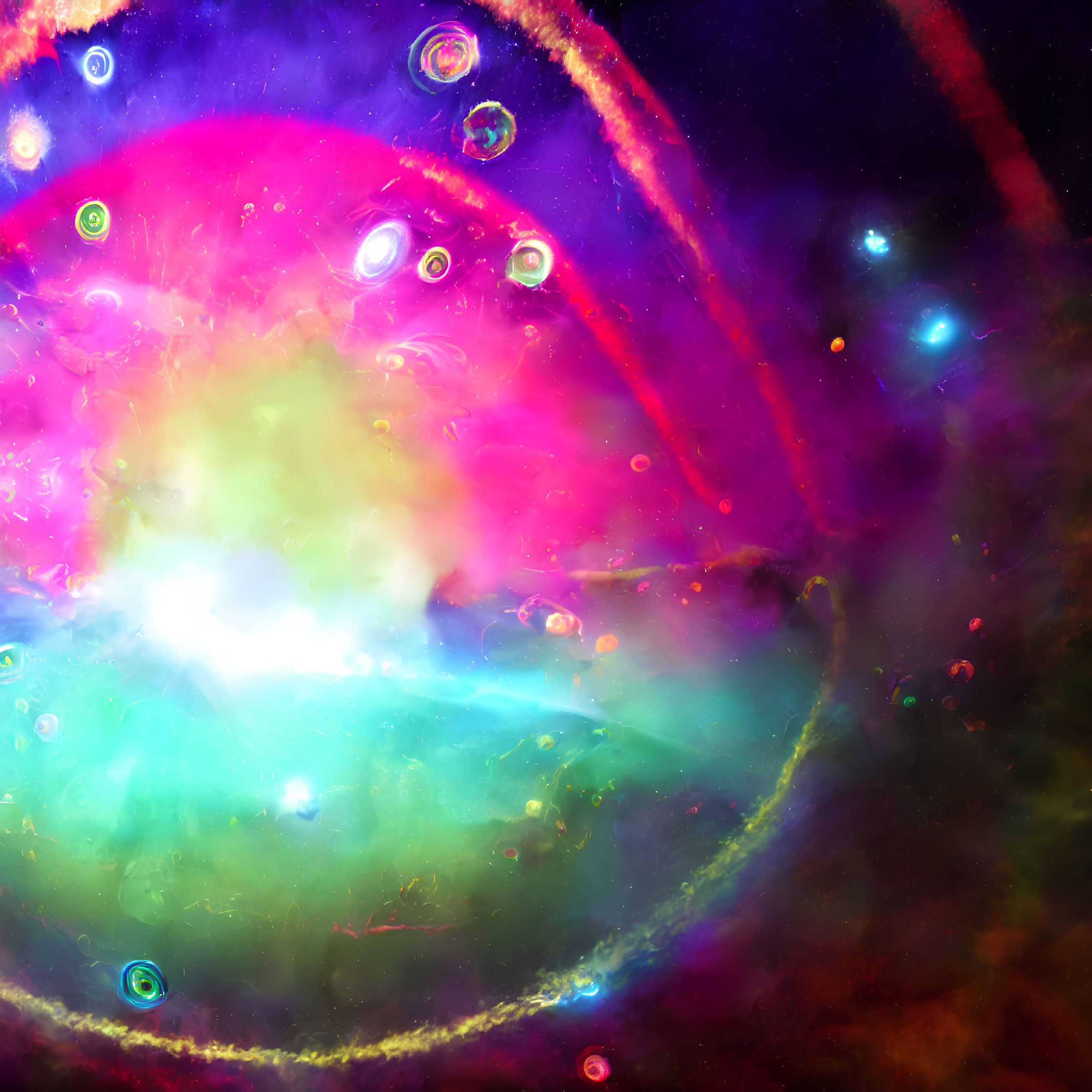 Colorful cosmic scene with nebulous formations and glowing orbs.