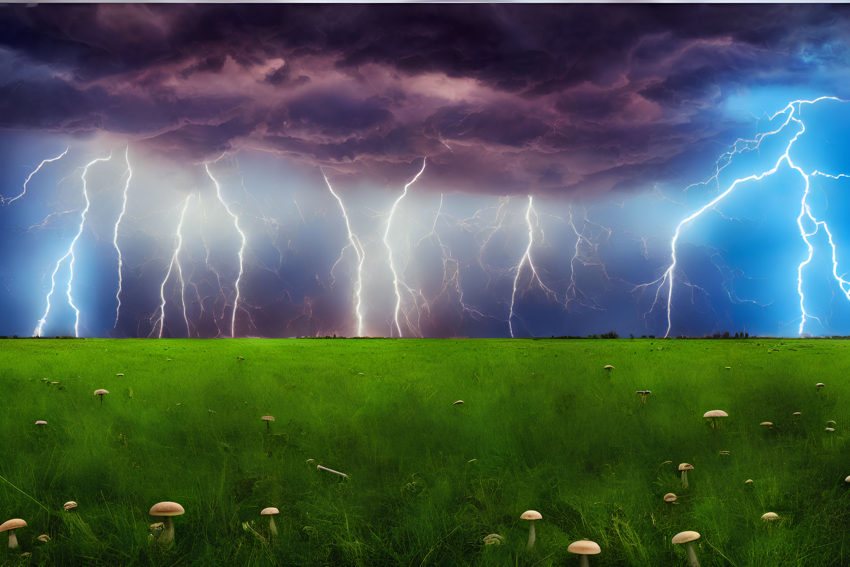 Dramatic stormy sky over vibrant green meadow with lightning bolts