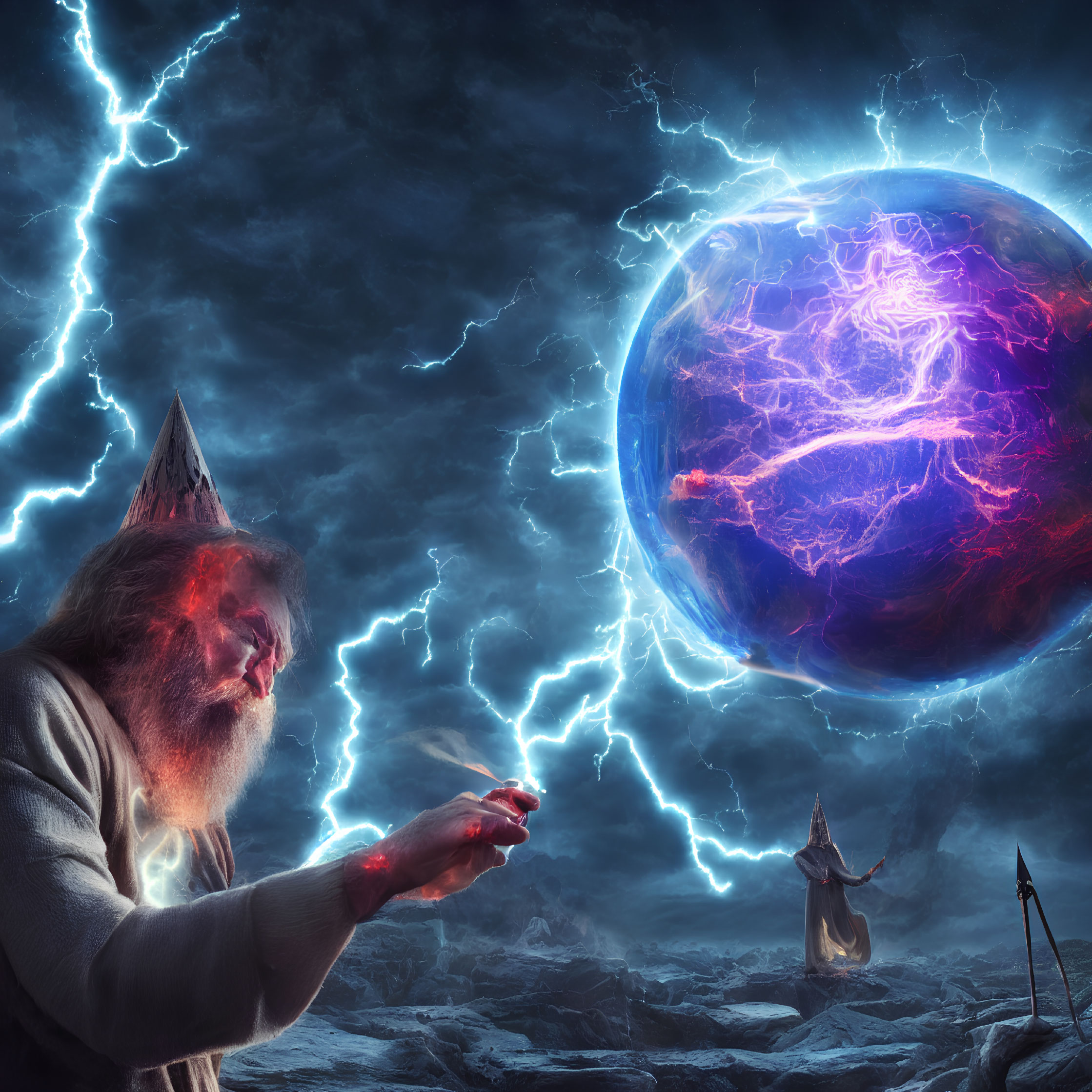 Wizard casting electrifying magic under stormy sky with glowing orb & another sorcerer.