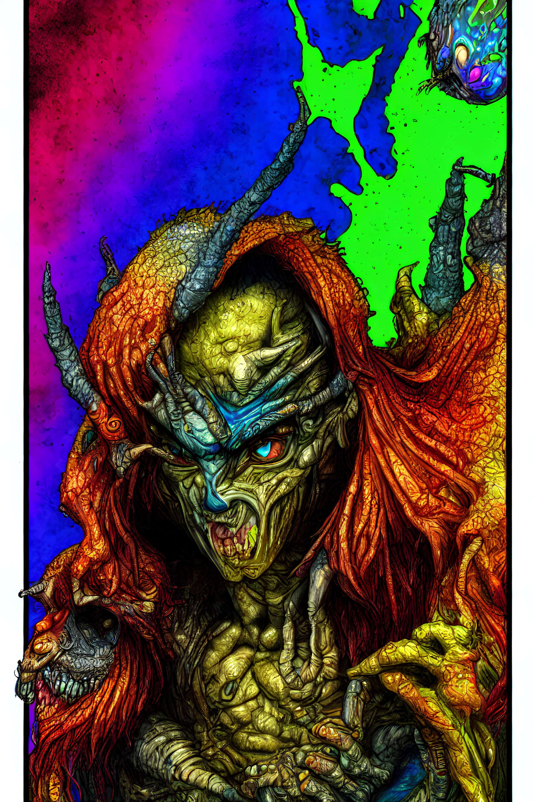 Menacing creature with horns and fiery hair on vibrant background