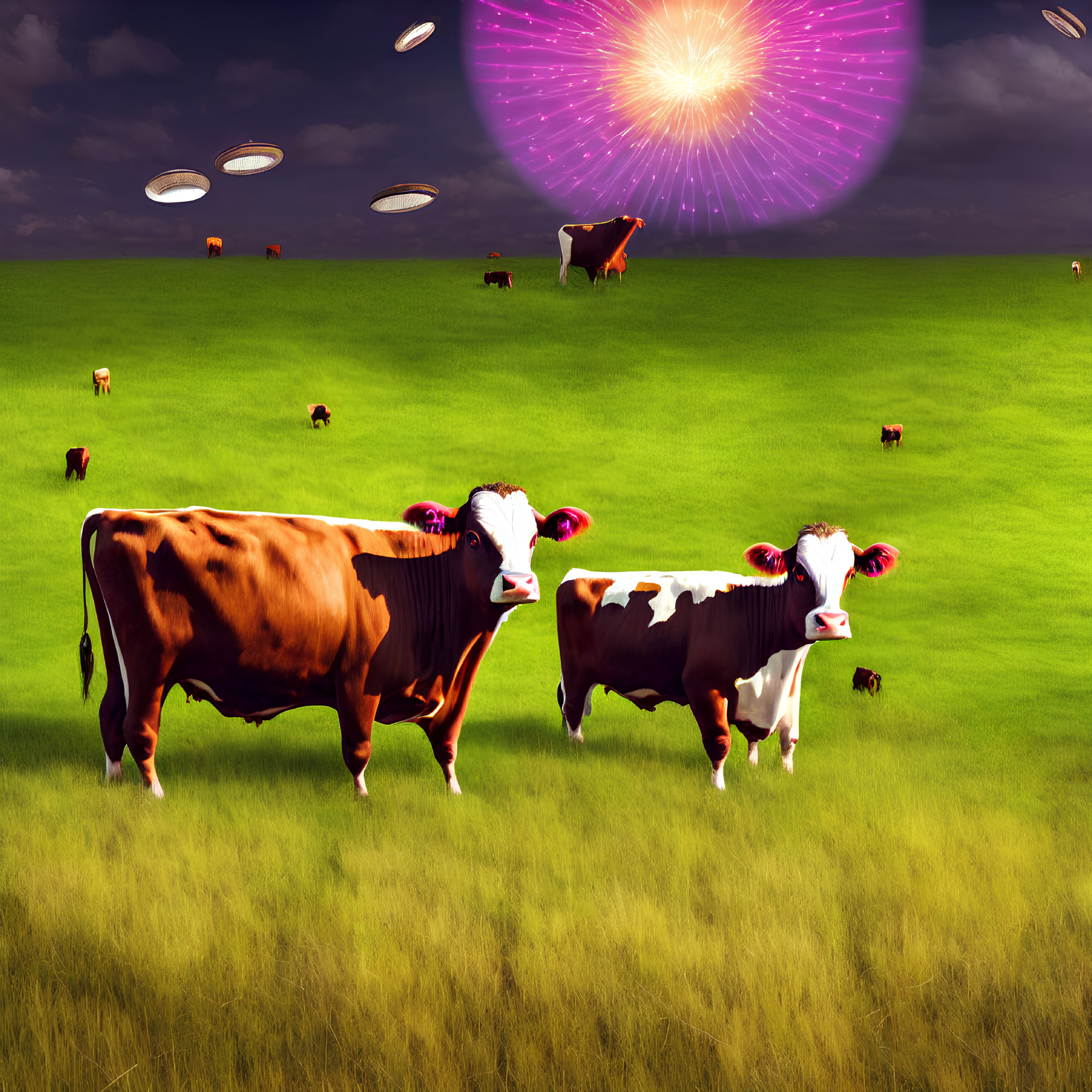 Surreal field with cows, bright portal, and flying saucers