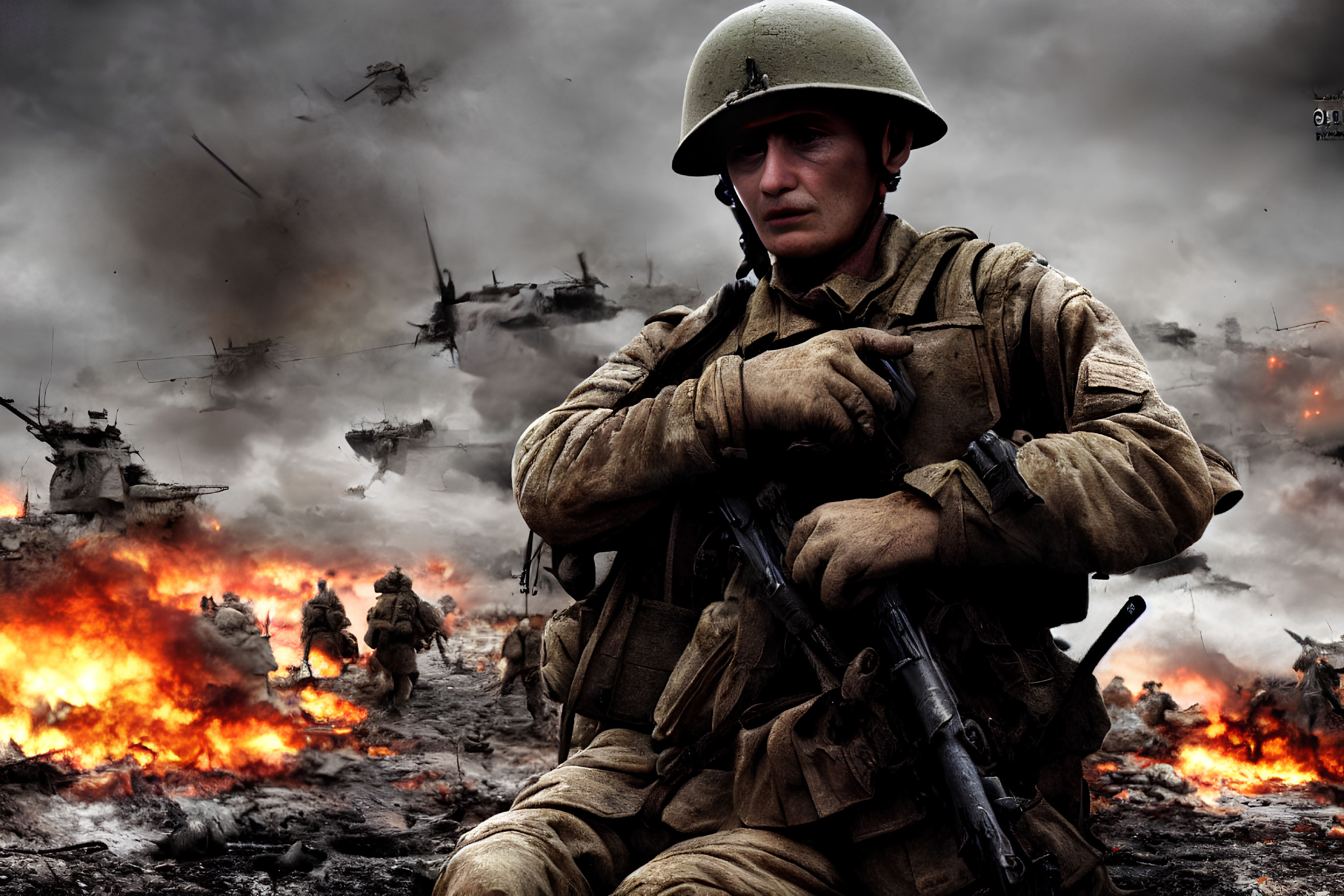 Soldier in combat gear amidst chaotic battlefield with fires and explosions.