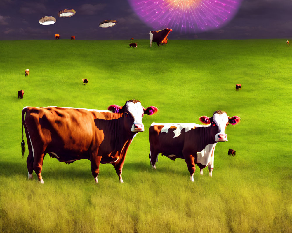 Surreal field with cows, bright portal, and flying saucers