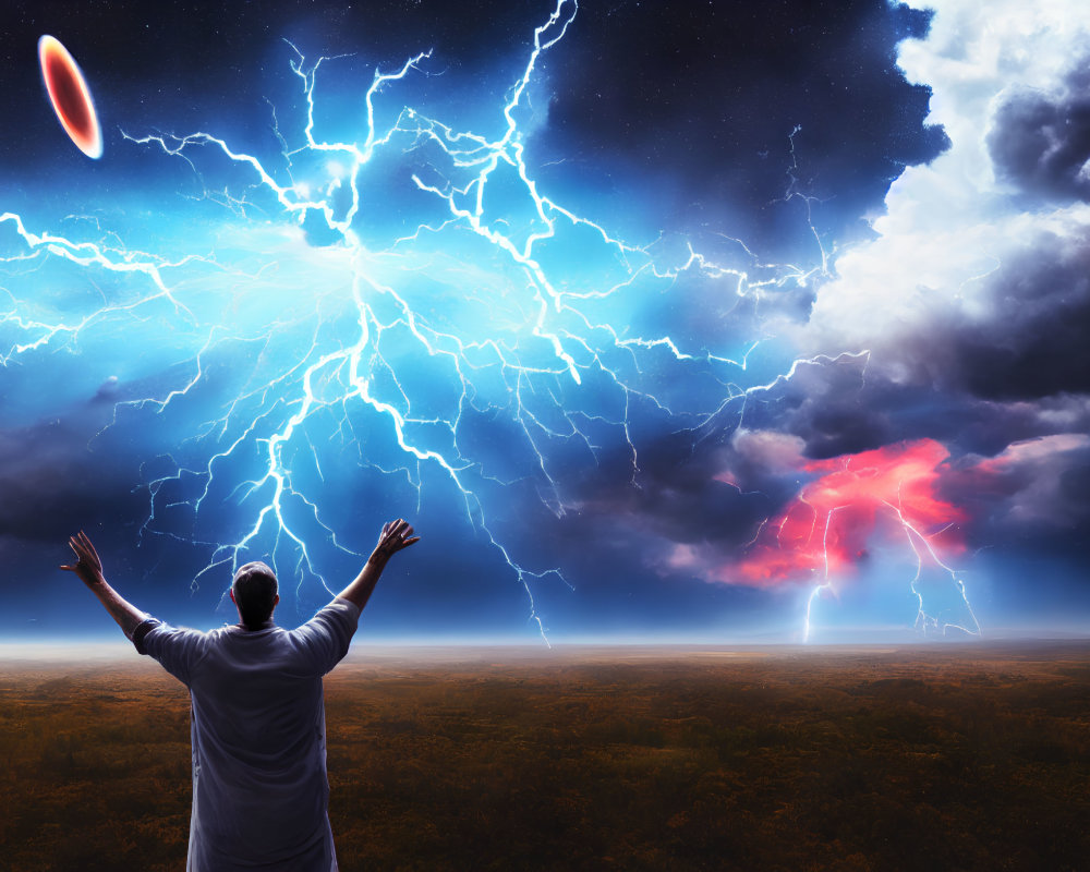 Person with raised arms under lightning-filled sky with ringed planet above landscape