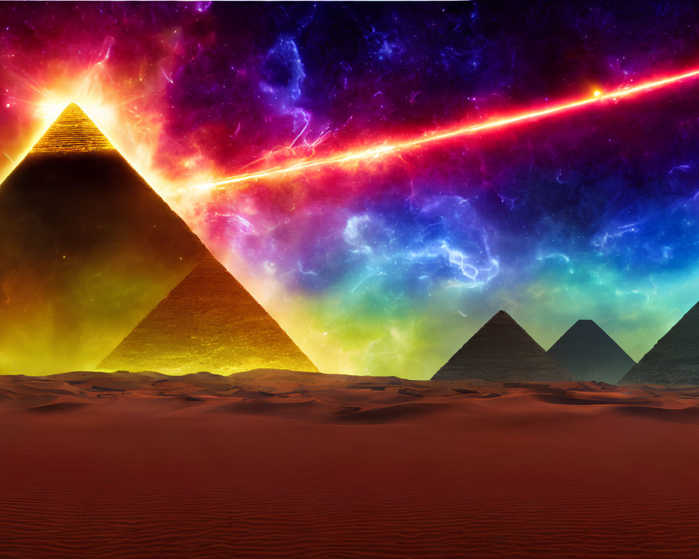 Great Pyramids of Giza under vibrant cosmic sky with glowing nebula