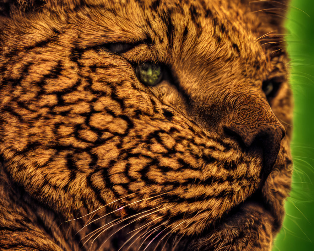 Wildcat with striking fur patterns and intense gaze on vibrant green background