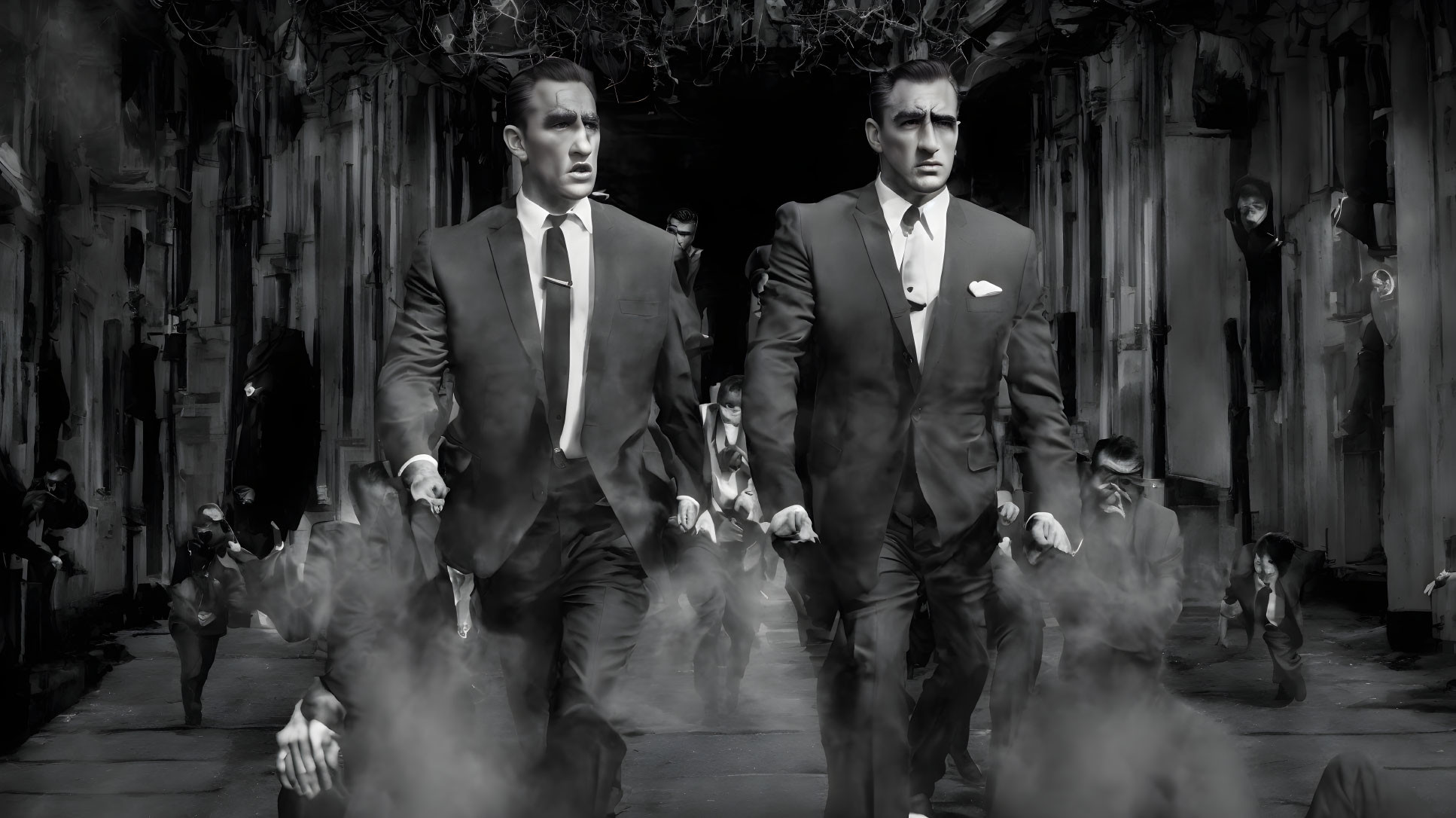 Two Men in Suits Stride Confidently in Smoky Monochrome Setting