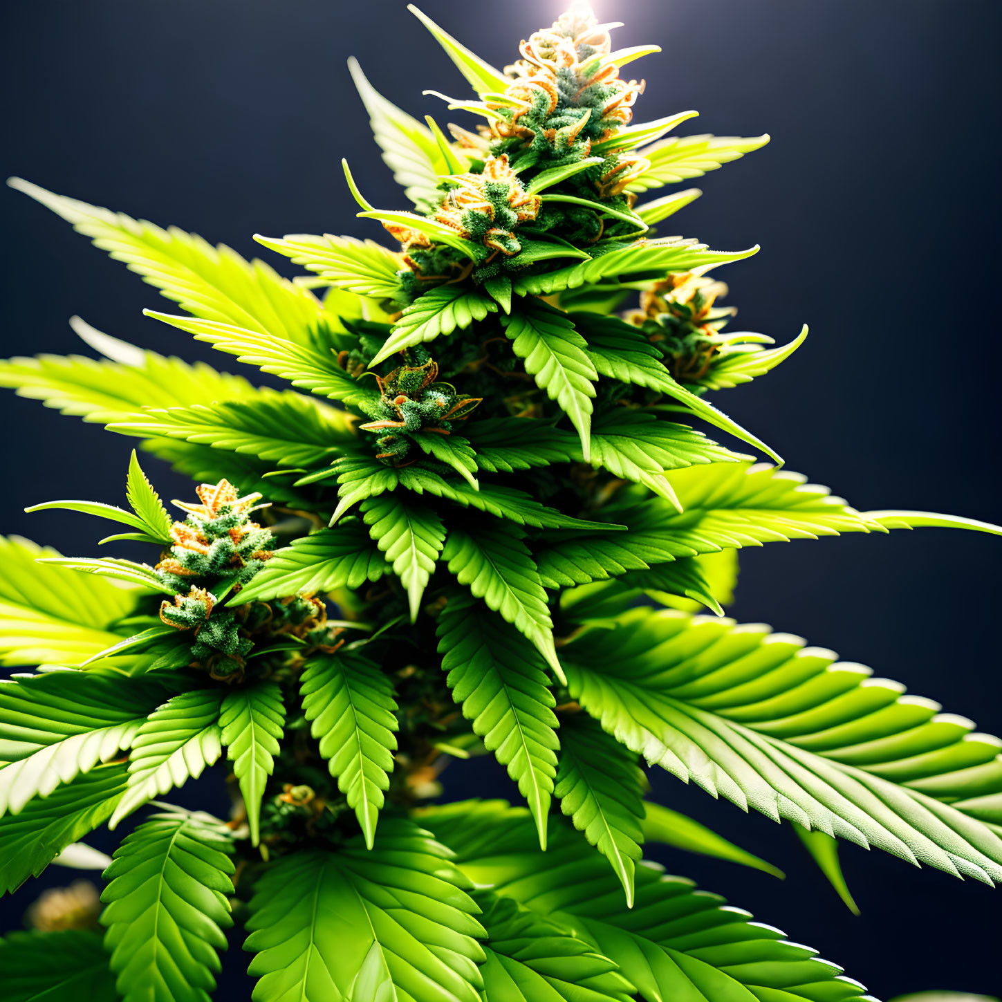 Vibrant cannabis plant with green leaves and trichome-covered buds on dark background