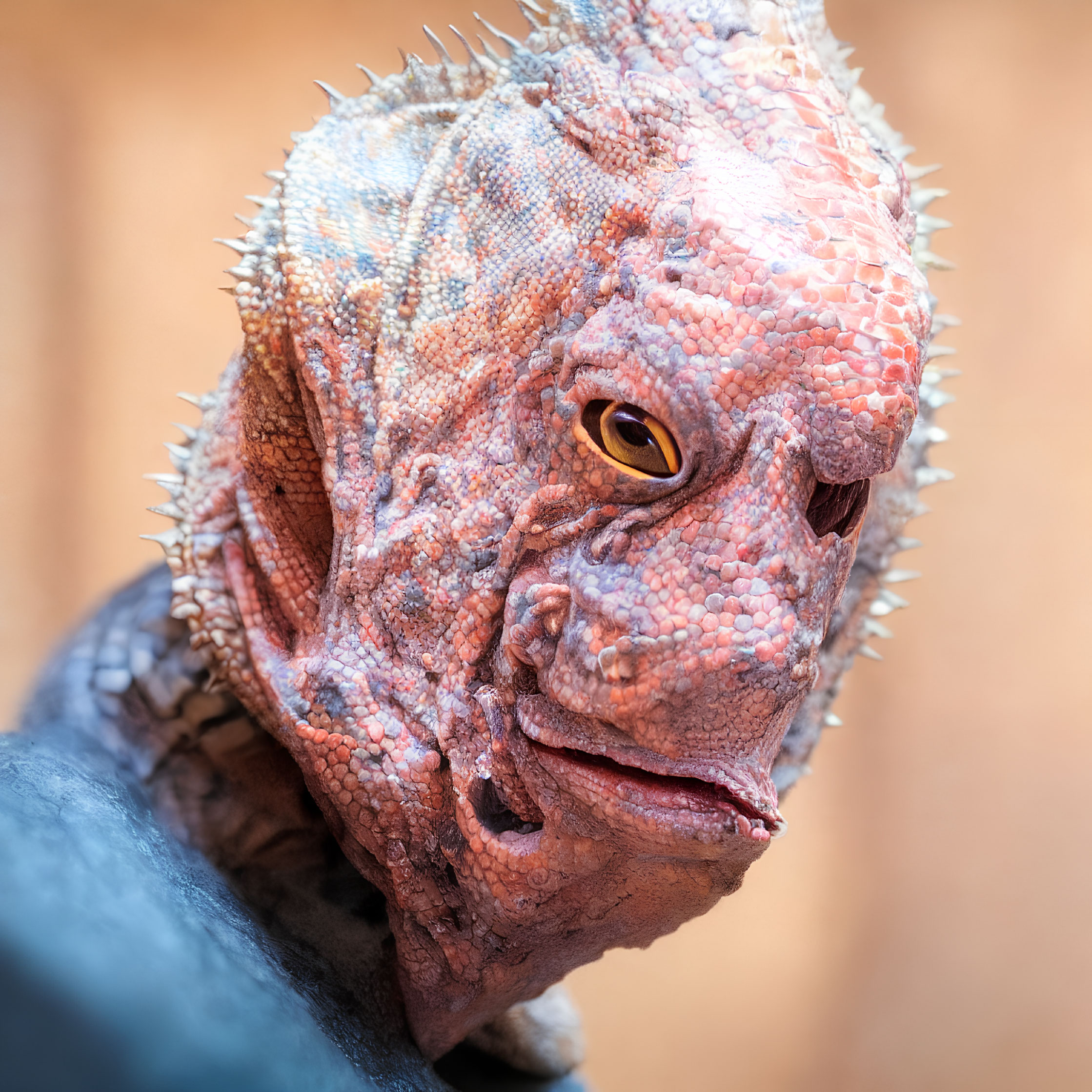 Colorful iguana with spiky crests and textured skin in close-up view