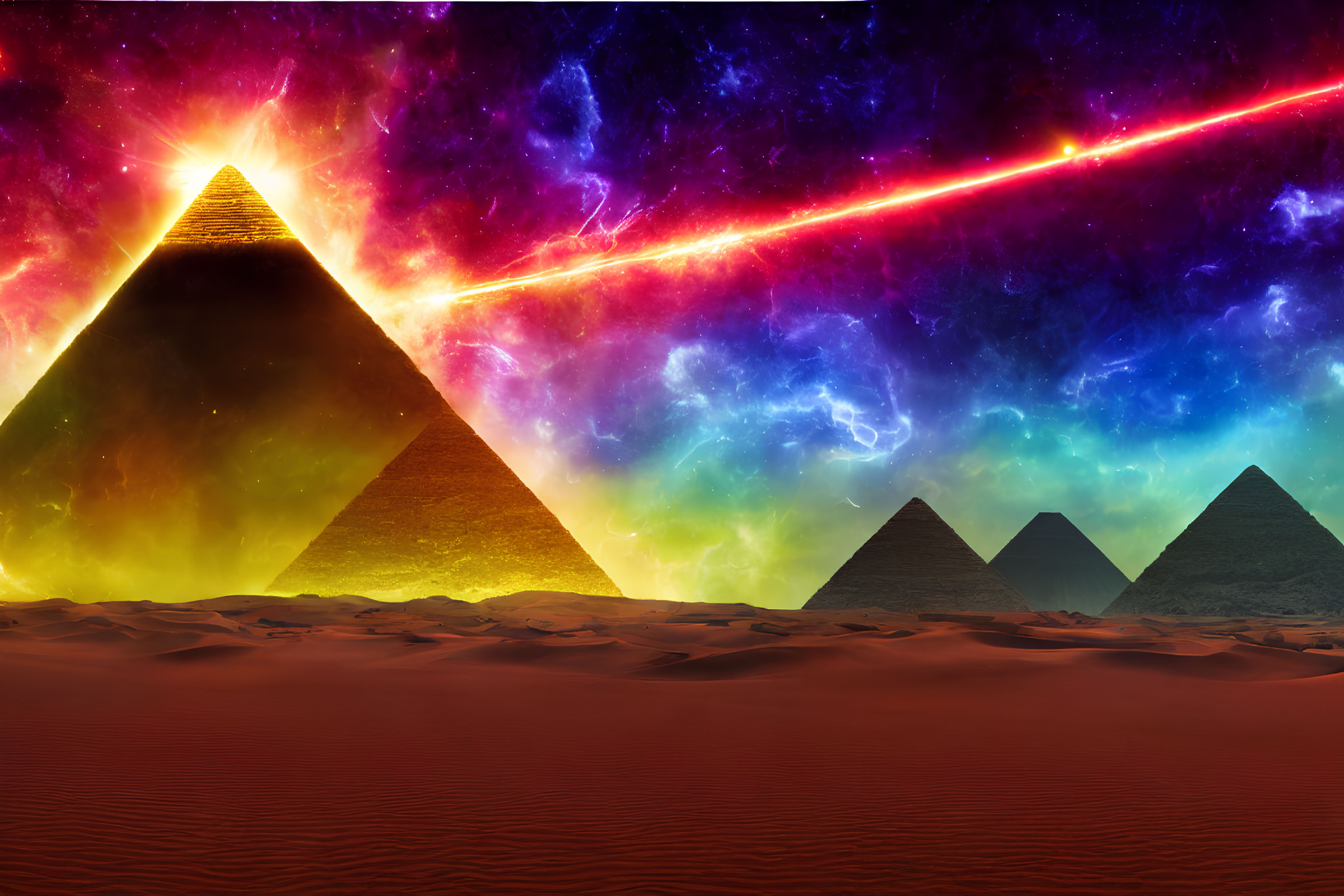 Great Pyramids of Giza under vibrant cosmic sky with glowing nebula