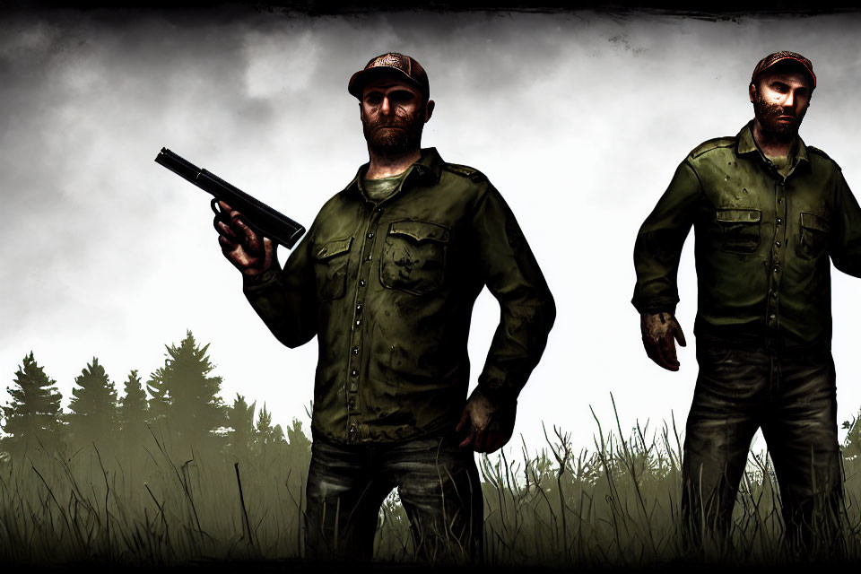 Bearded men with pistol in dark, moody field setting