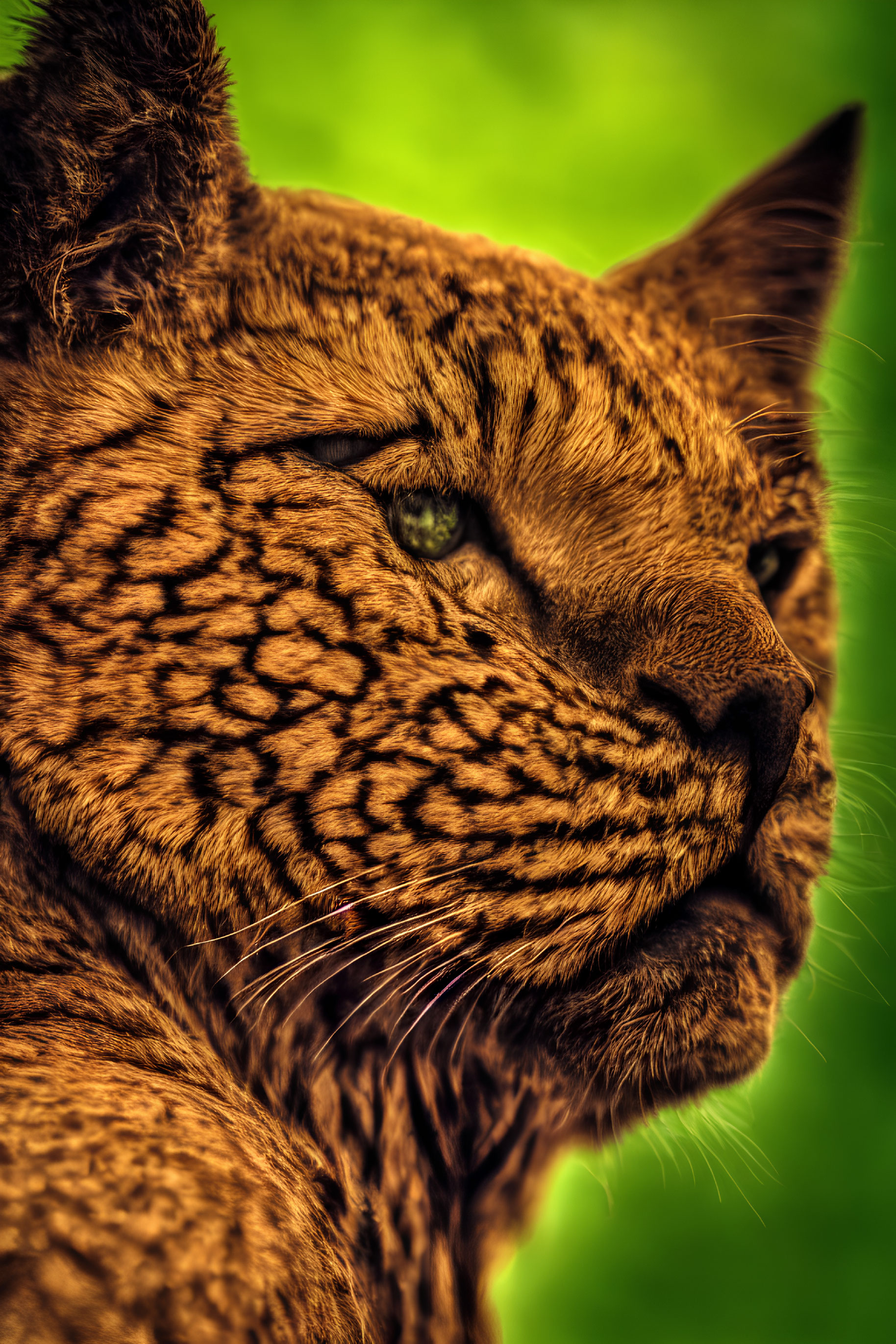 Wildcat with striking fur patterns and intense gaze on vibrant green background