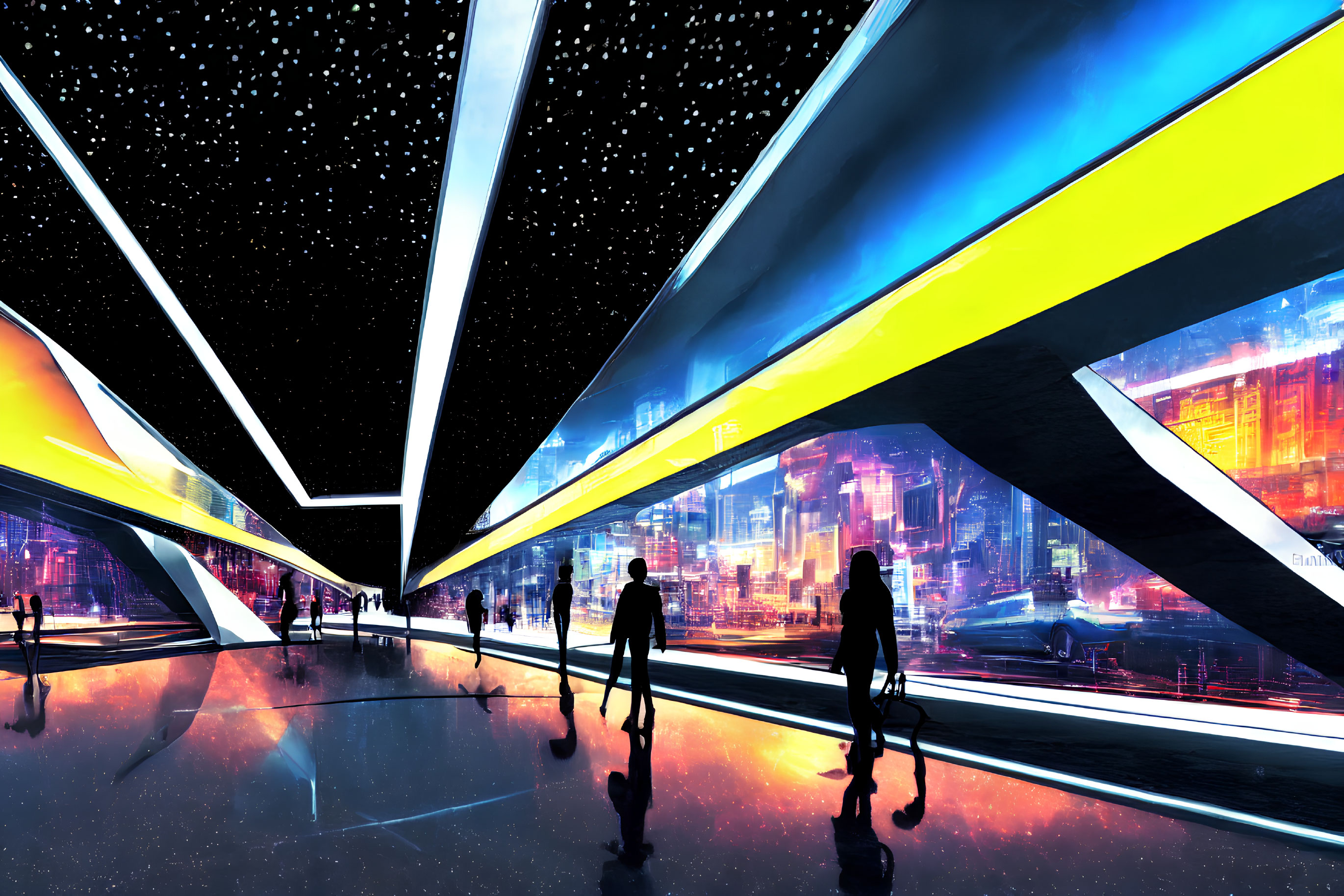 Futuristic Spaceport with Travelers under Starry Sky