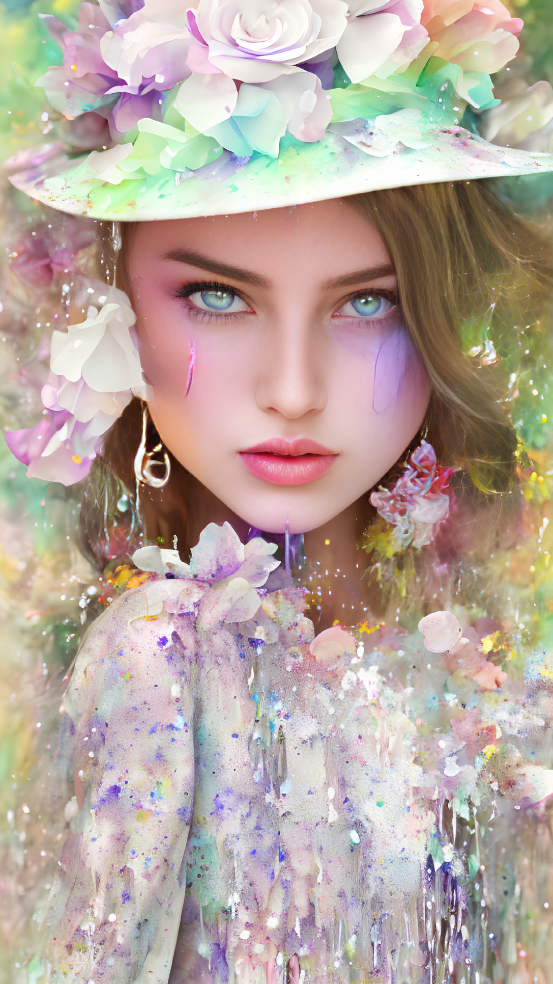 Vibrant surreal portrait with floral and glittering elements