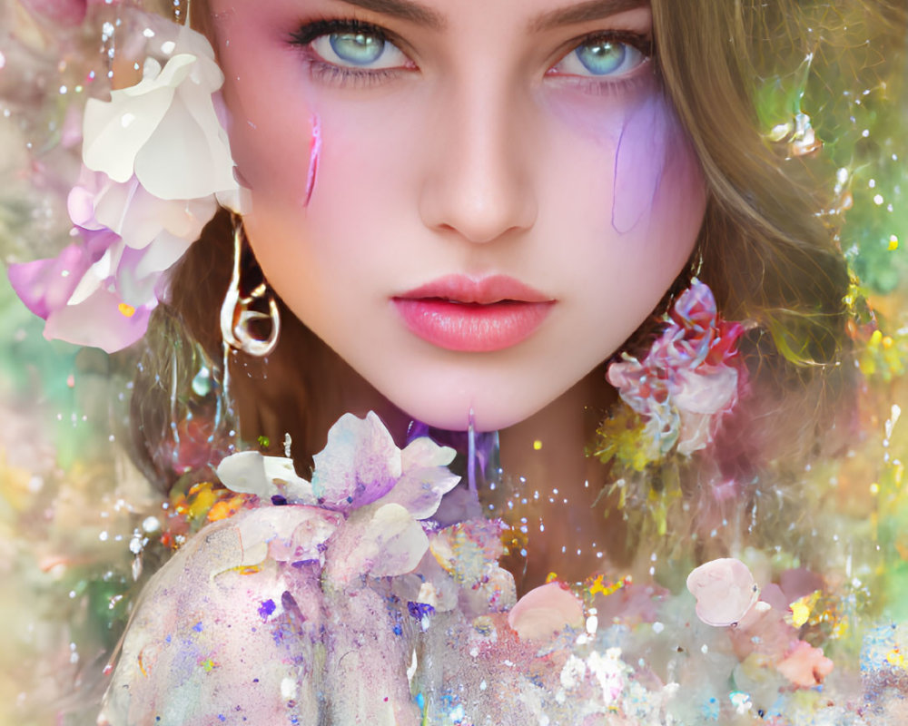 Vibrant surreal portrait with floral and glittering elements