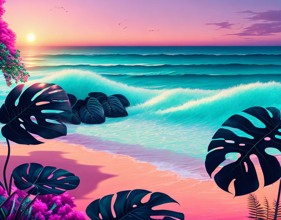 Scenic Beach Sunset with Purple-Pink Skies and Teal Waves