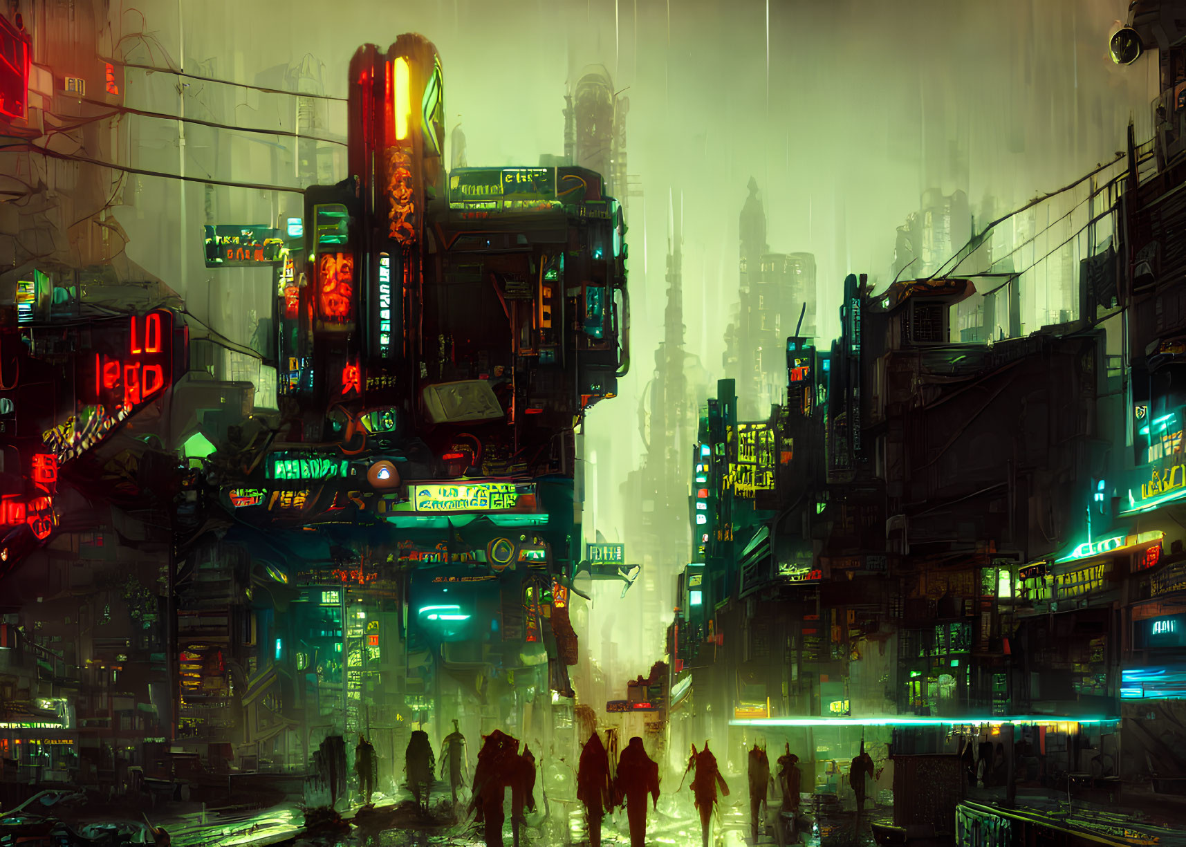 Futuristic Rain-Soaked Cityscape with Neon Signs and Silhouettes