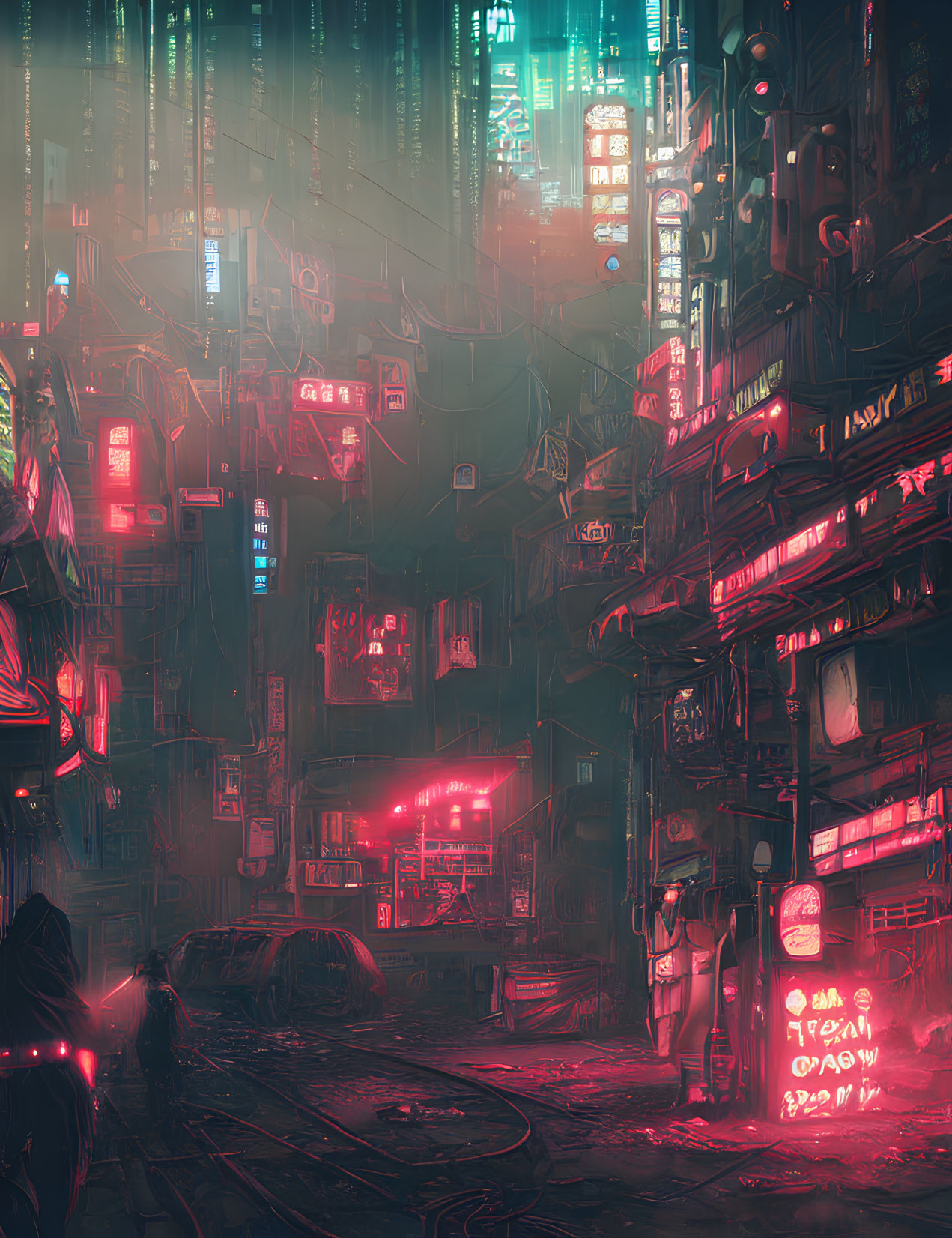 Neon-soaked cyberpunk cityscape with towering buildings and illuminated signs