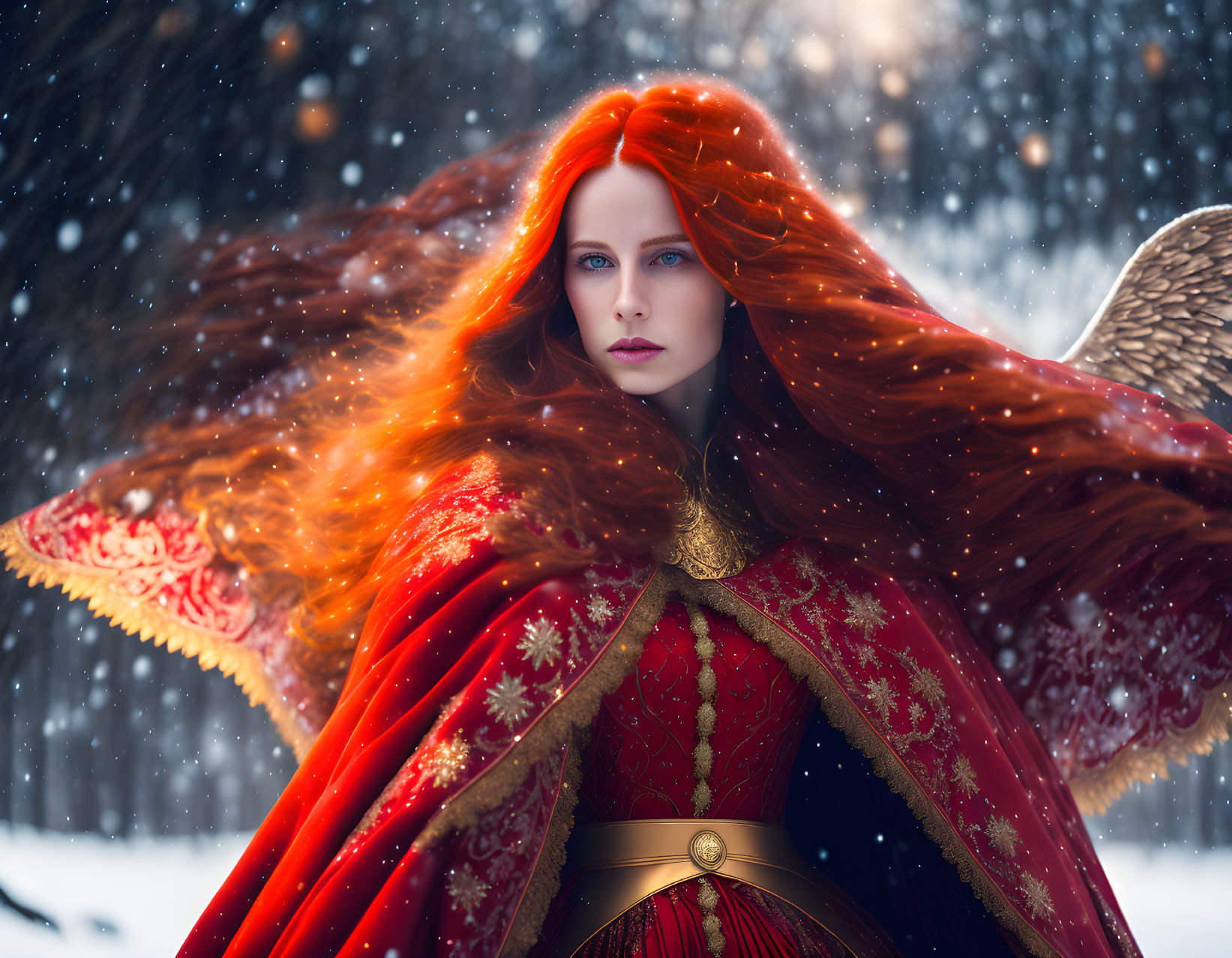 Woman with flowing red hair and regal red cloak in snowy forest gaze captivating amid snowflakes