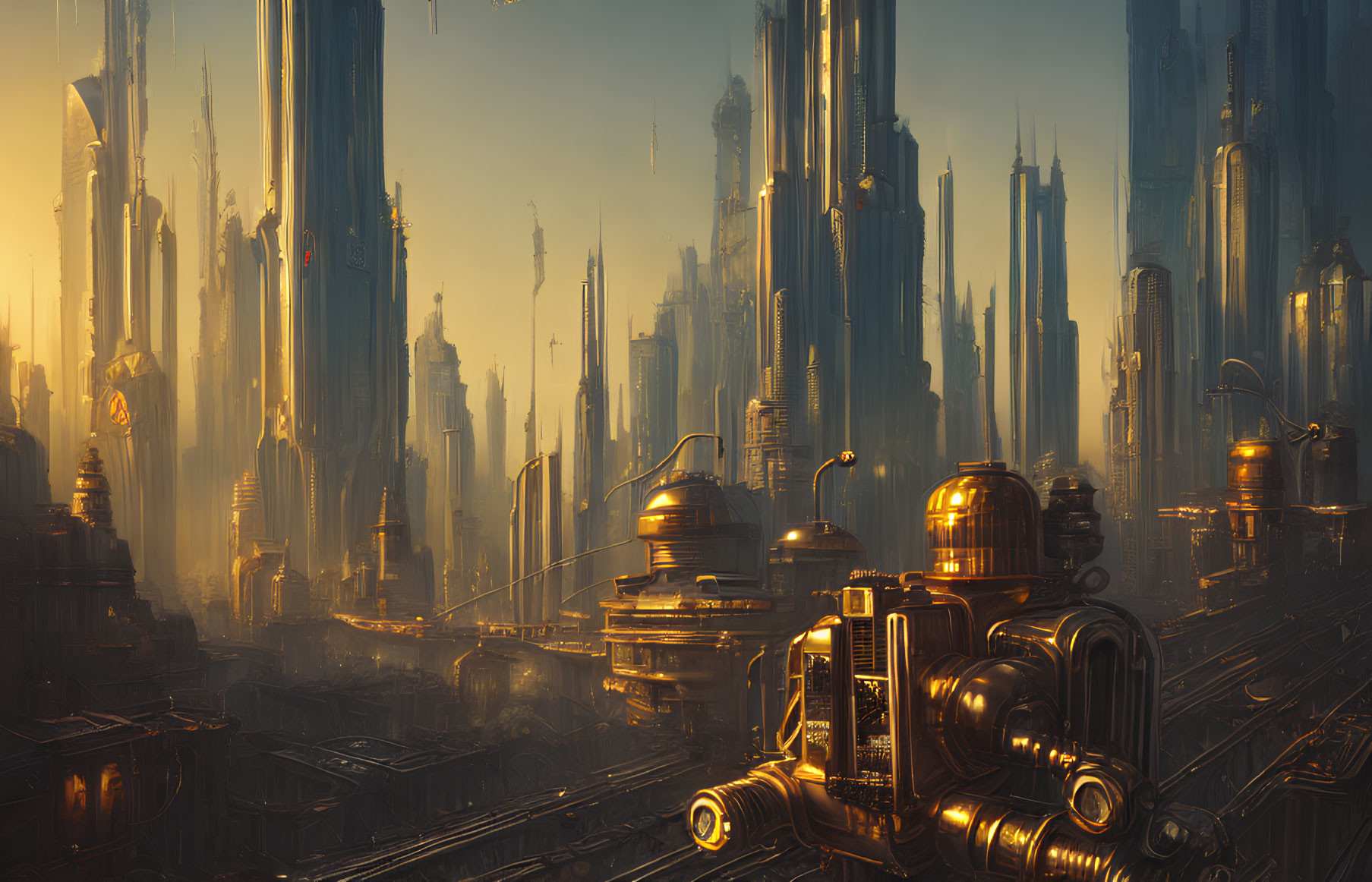 Futuristic cityscape with skyscrapers, golden sunset, and detailed robot