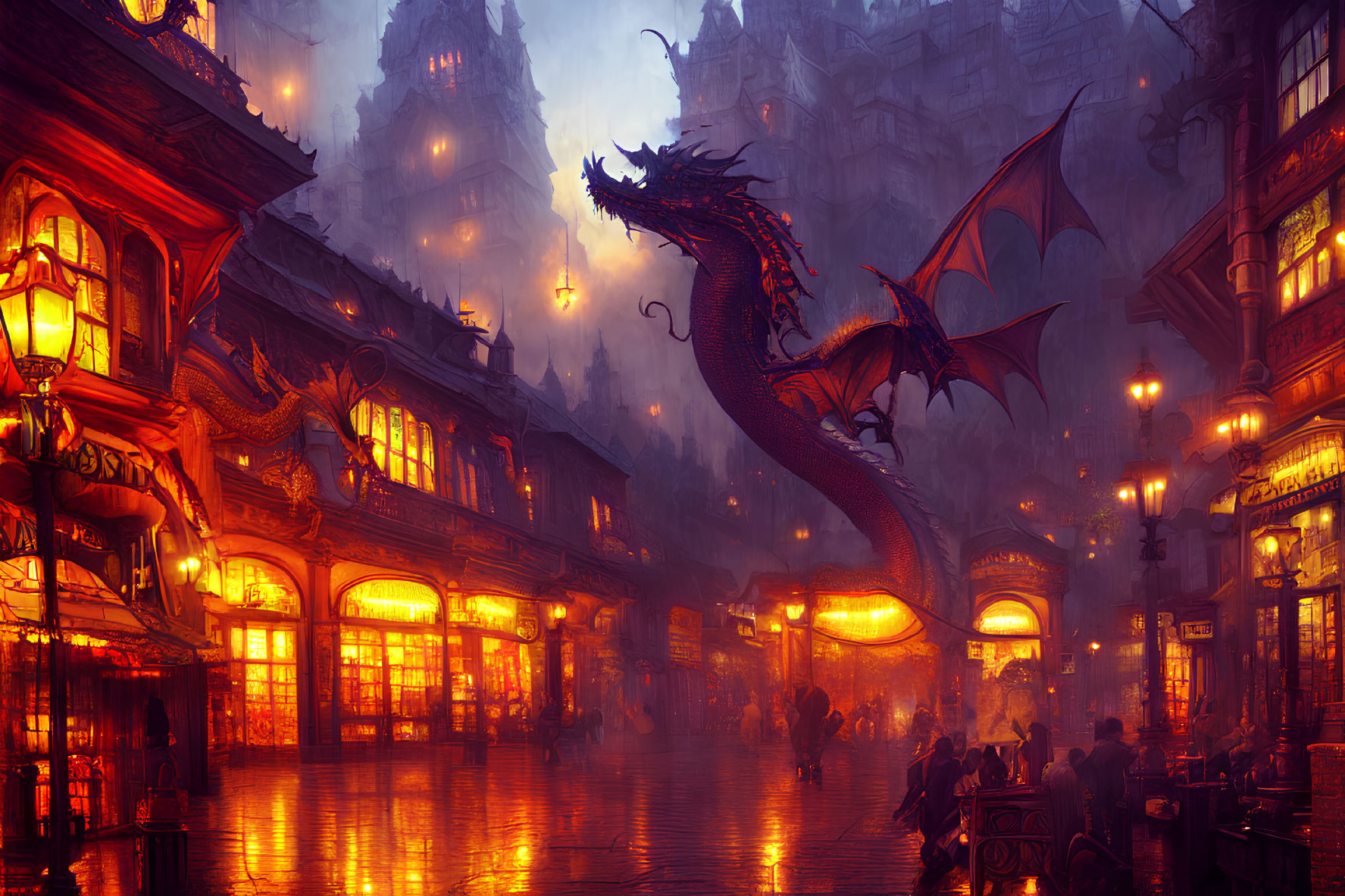 Majestic dragon overlooking fantasy street with buildings and pedestrians