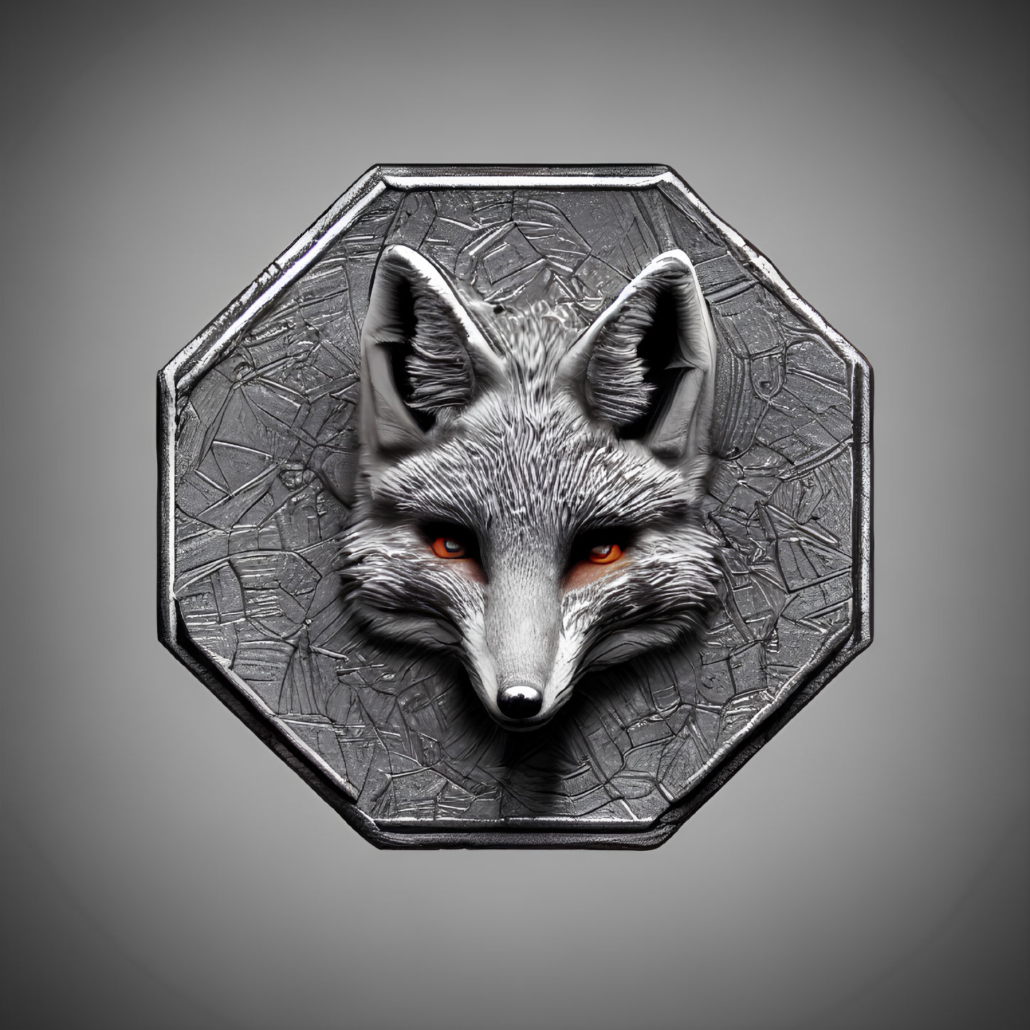 Wolf head in 3D on octagonal emblem with metallic background.