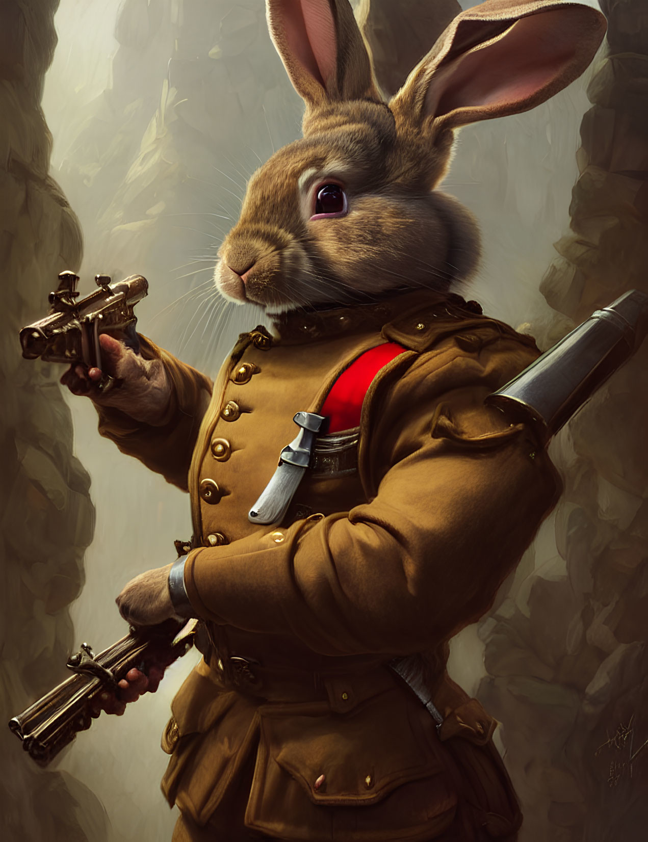 Anthropomorphic rabbit in military uniform with revolver and knife in misty forest